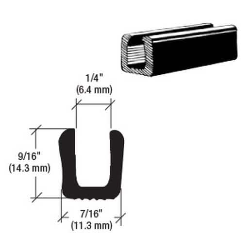 CRL Glass & Acrylic Setting Rubber Channel for 1/4" Material, 7/16" Base Width, Black