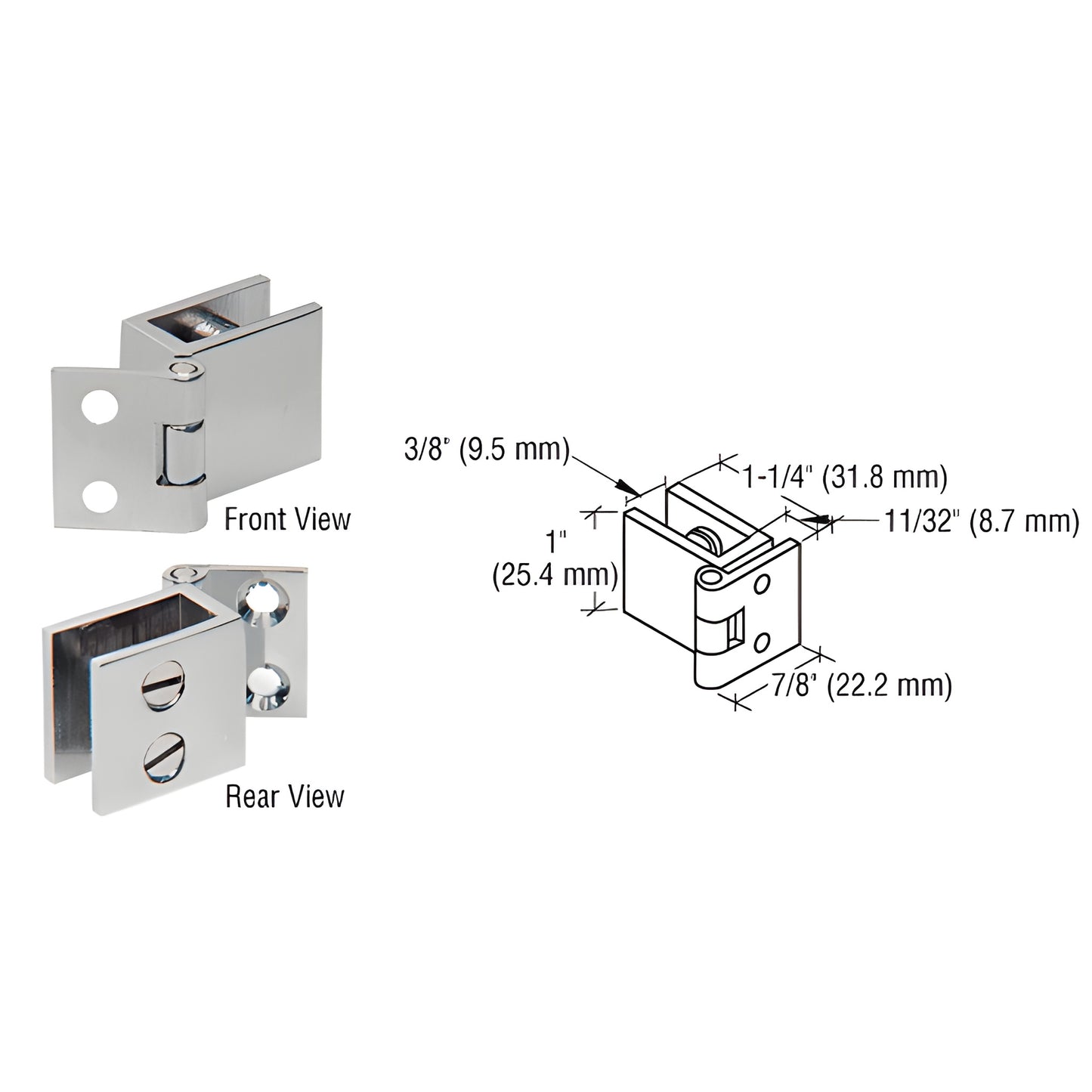 EH73 brushed-nickel glass-to-wall hinge for 6-8mm tempered glass, 1" high, 1-1/4" wide, no-drill mounting (pack of 2).