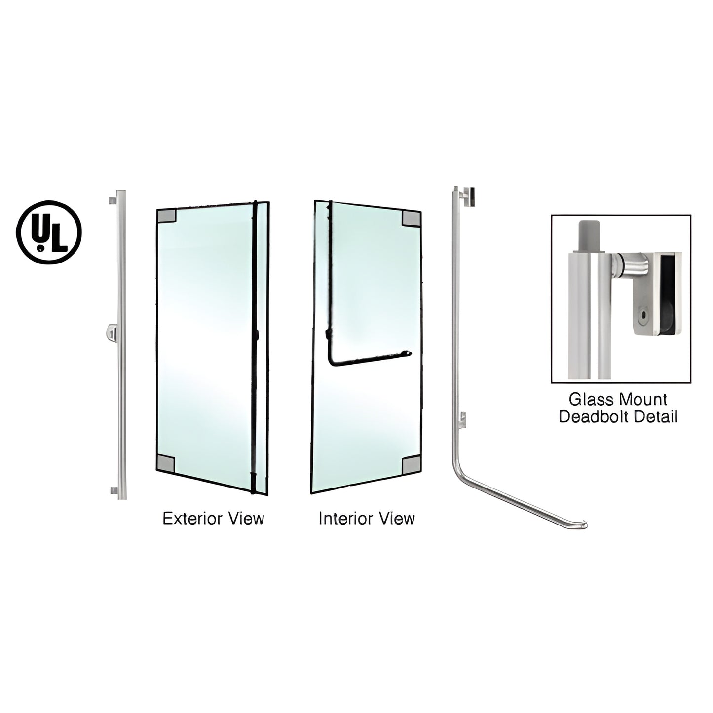 DB100F4GKBS brushed stainless steel all-glass deadbolt handle for 1/2" glass, shown in exterior and interior views.
