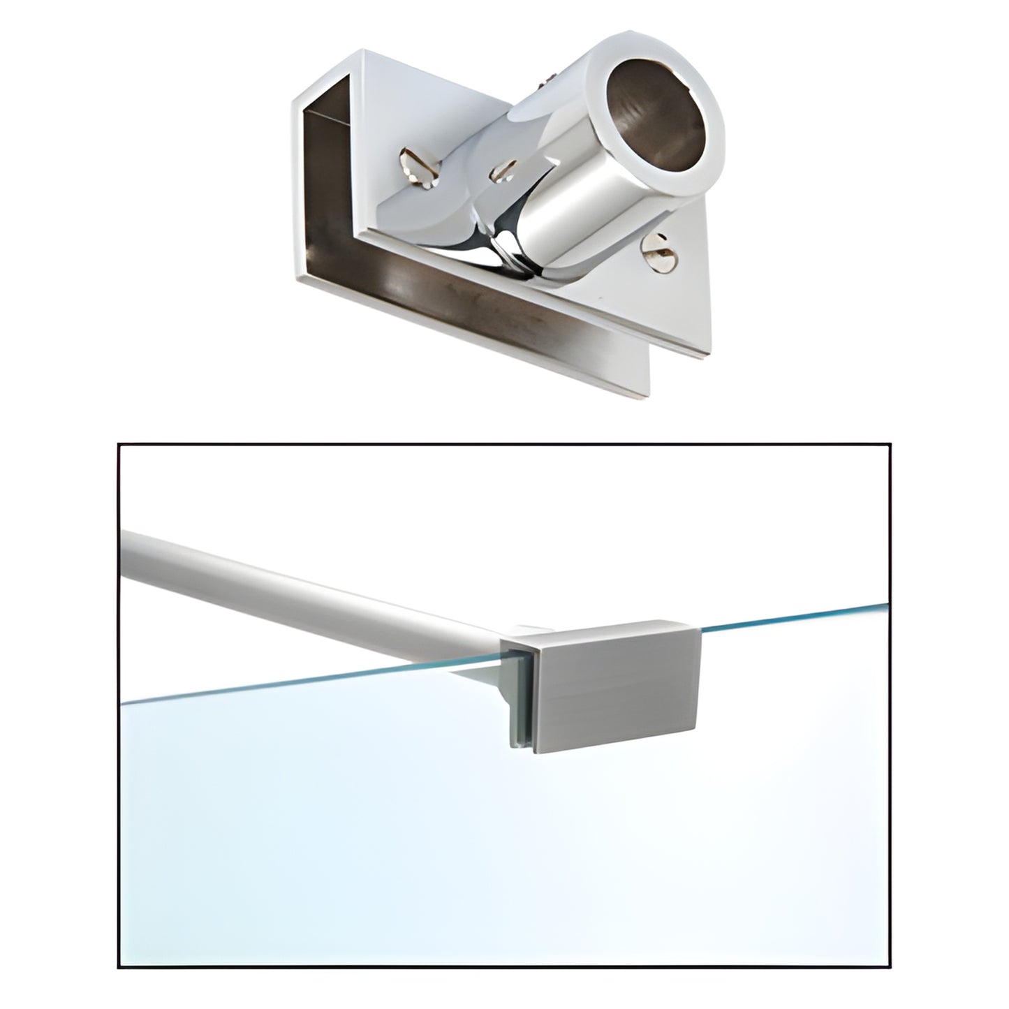 S13CH polished chrome adjustable slim-line wall fitting for frameless glass (6-12 mm), mounts support bar to panel.