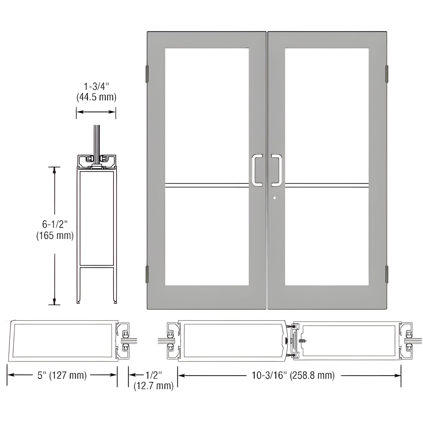 DC52511 clear anodized double wide-stile entrance door, 5" stiles, 6-1/2" bottom rail, glass panels, technical drawing.