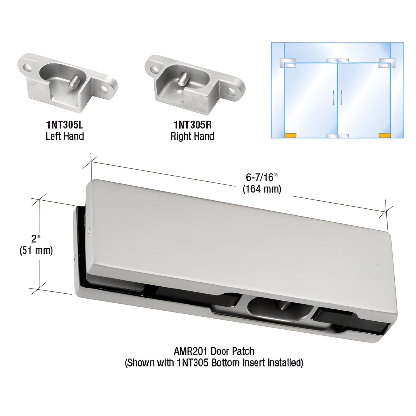 Brushed stainless steel AMR201 bottom door patch kit PH10ELBS for 3/8-1/2" tempered glass, left-hand insert shown