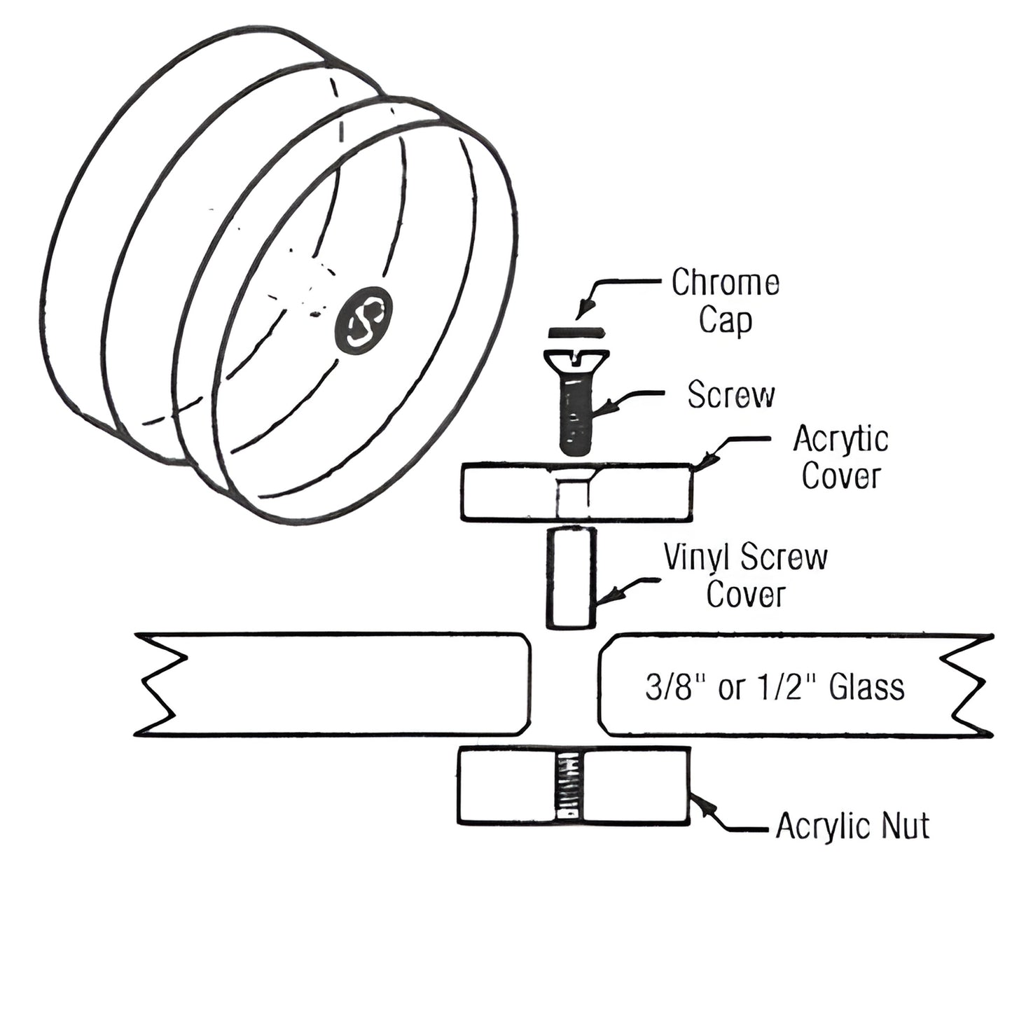 Clear acrylic round mall glass clamp for 3/8-1/2" glass with chrome screw caps - SKU 2000181