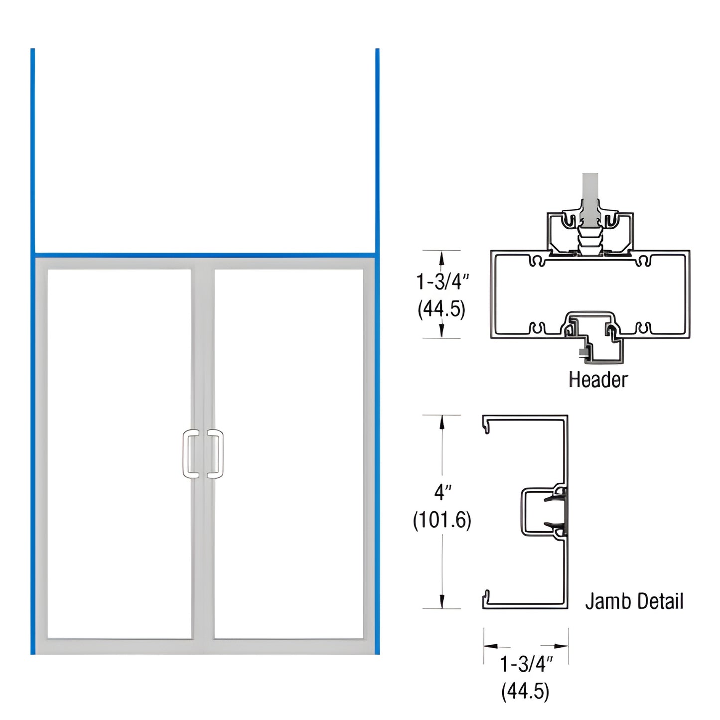 Black Bronze anodized commercial double-door frame with transom, 72x84 opening; prepped for pivots and concealed panic. SKU 0