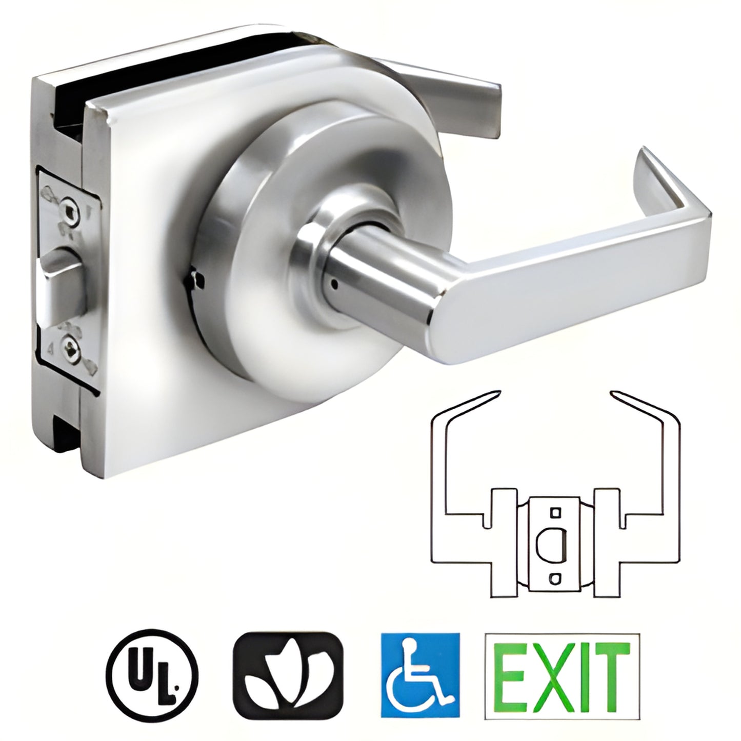 LH10PS polished stainless steel round-cover lever lock housing for 3/8 in or 1/2 in (10/12 mm) glass doors