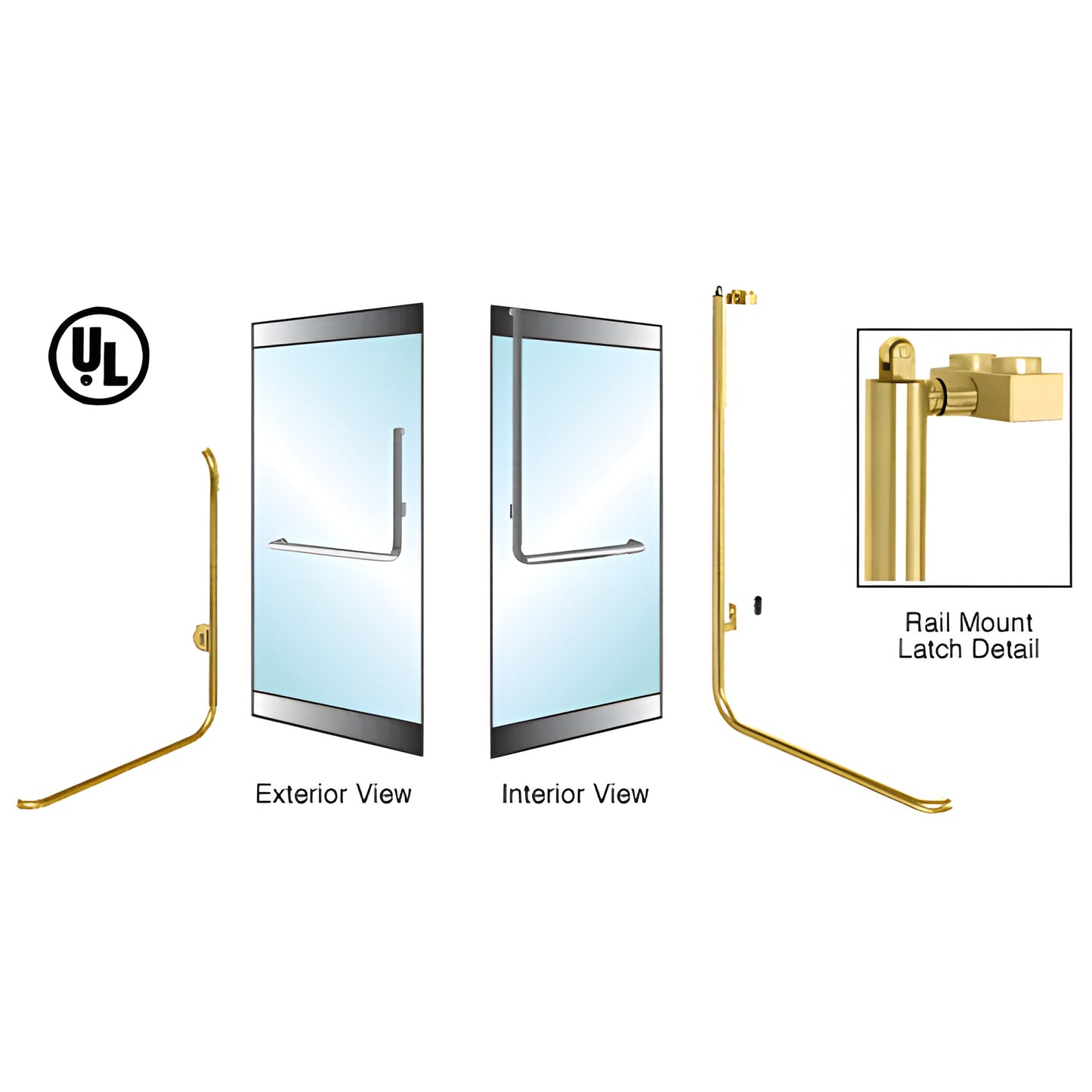 Satin brass PA100 rail mount panic handle for 1/2 tempered glass doors, 1-1/4 tubular, ADA compliant.