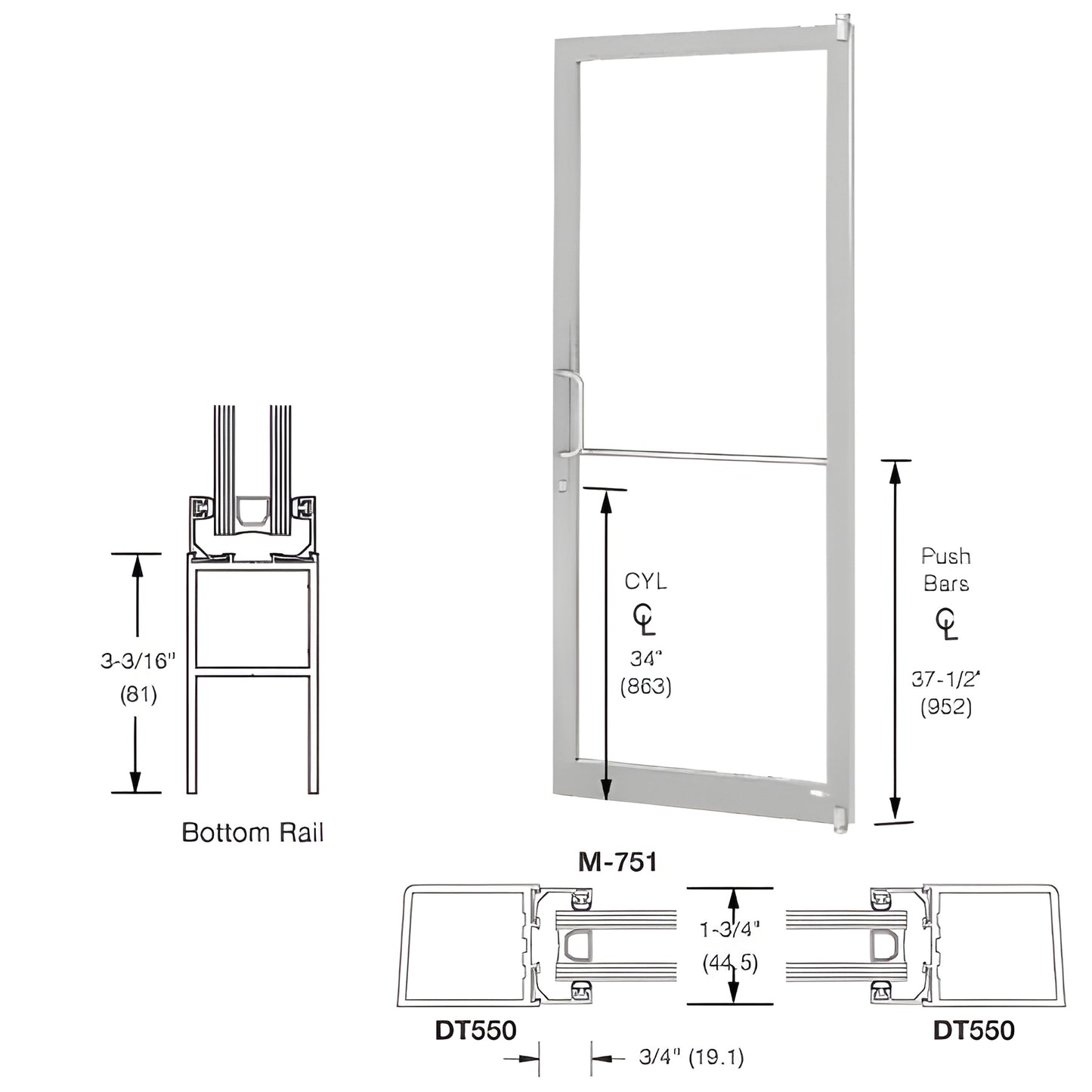 LE21211L036 36x84 clear-anodized narrow stile aluminum offset-pivot entrance door, accepts 1" tempered glass