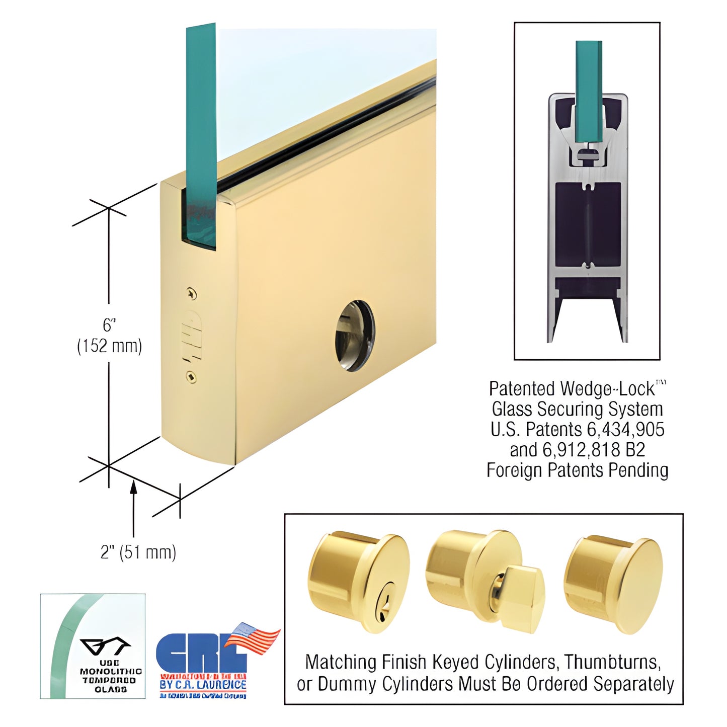 Satin brass Wedge Lock door rail (6" x 2") for 1/2" (12mm) glass with integrated lock, SKU DR6SSB12CL