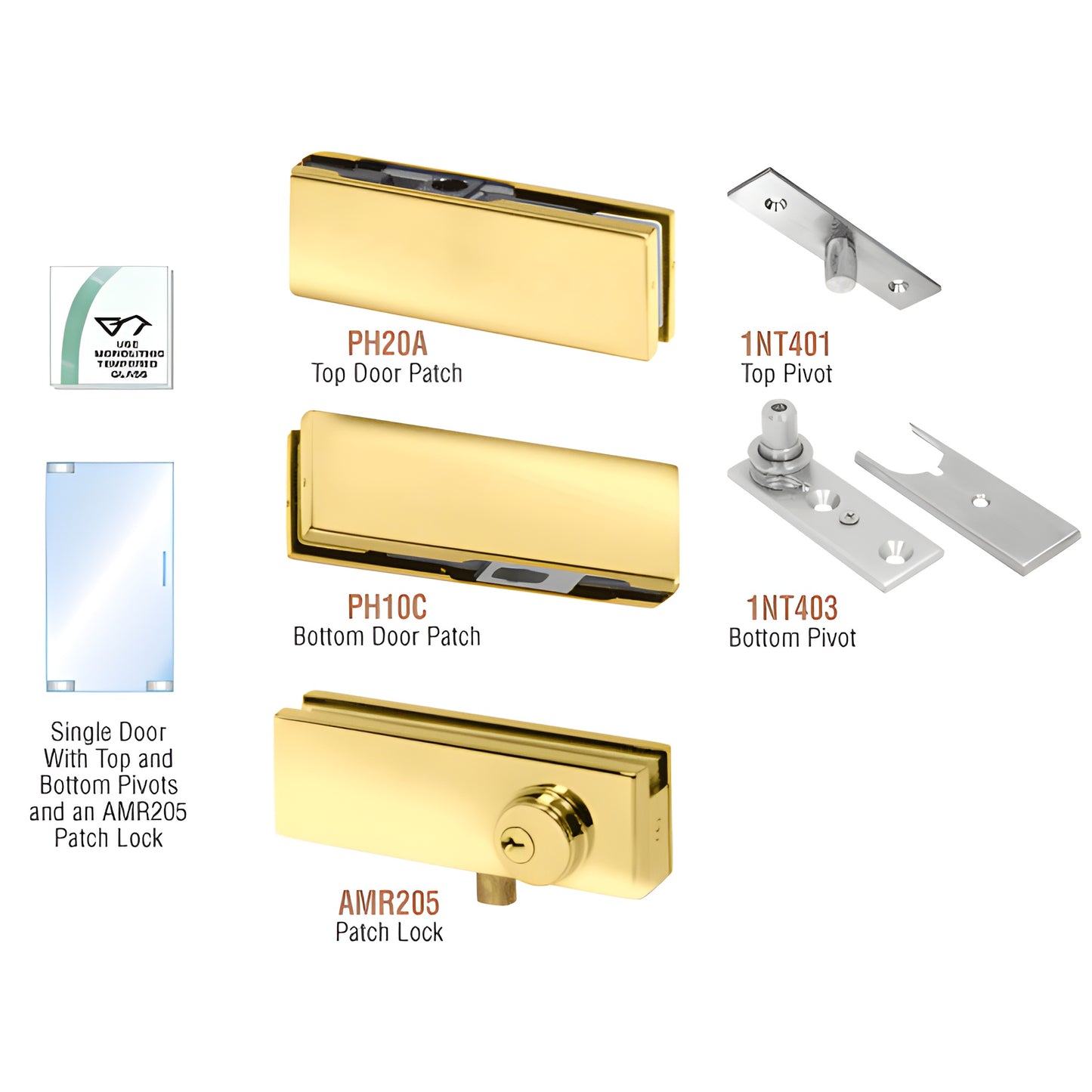 PHA1LBR polished brass patch door kit: top and bottom patches, pivots and optional AMR205 lock for 3/8-1/2" glass.