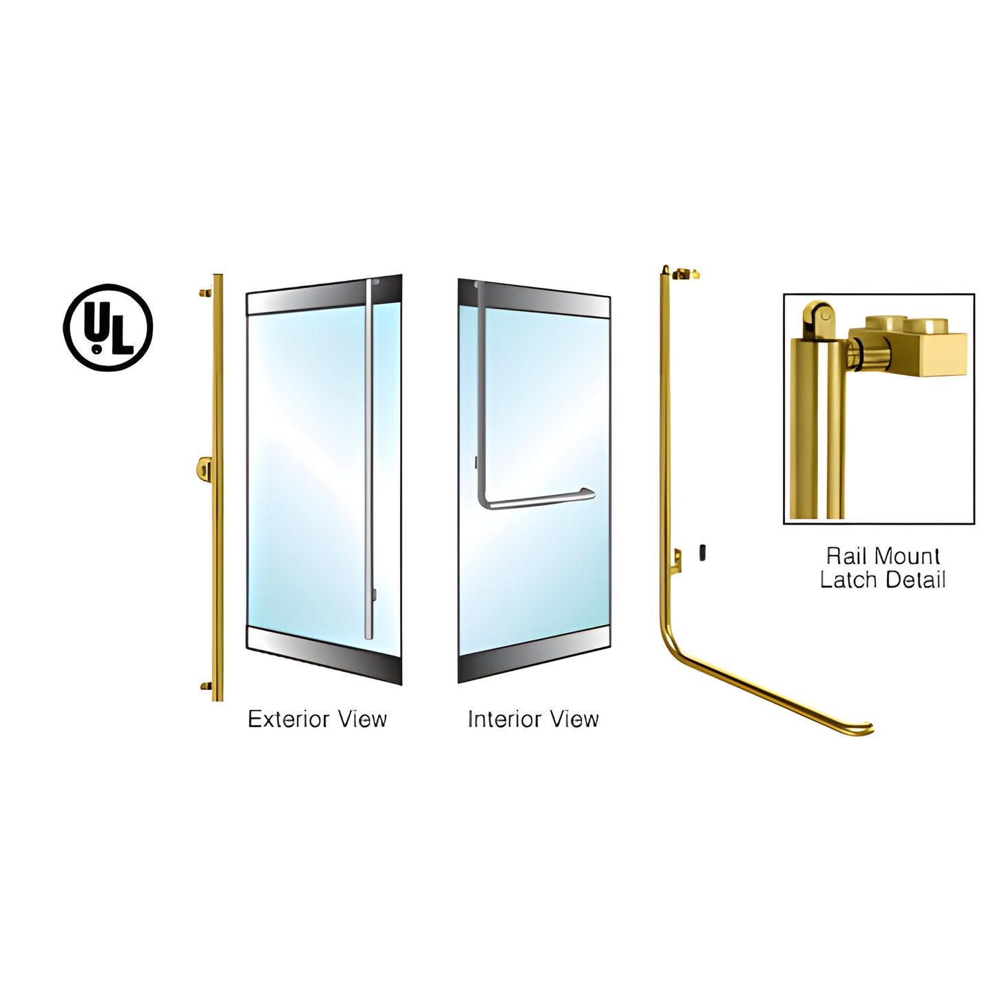 PA100FS4RKPB polished brass tubular panic handle, rail-mount for 1/2" glass doors, 1-1/4" dia, exterior keyed access.
