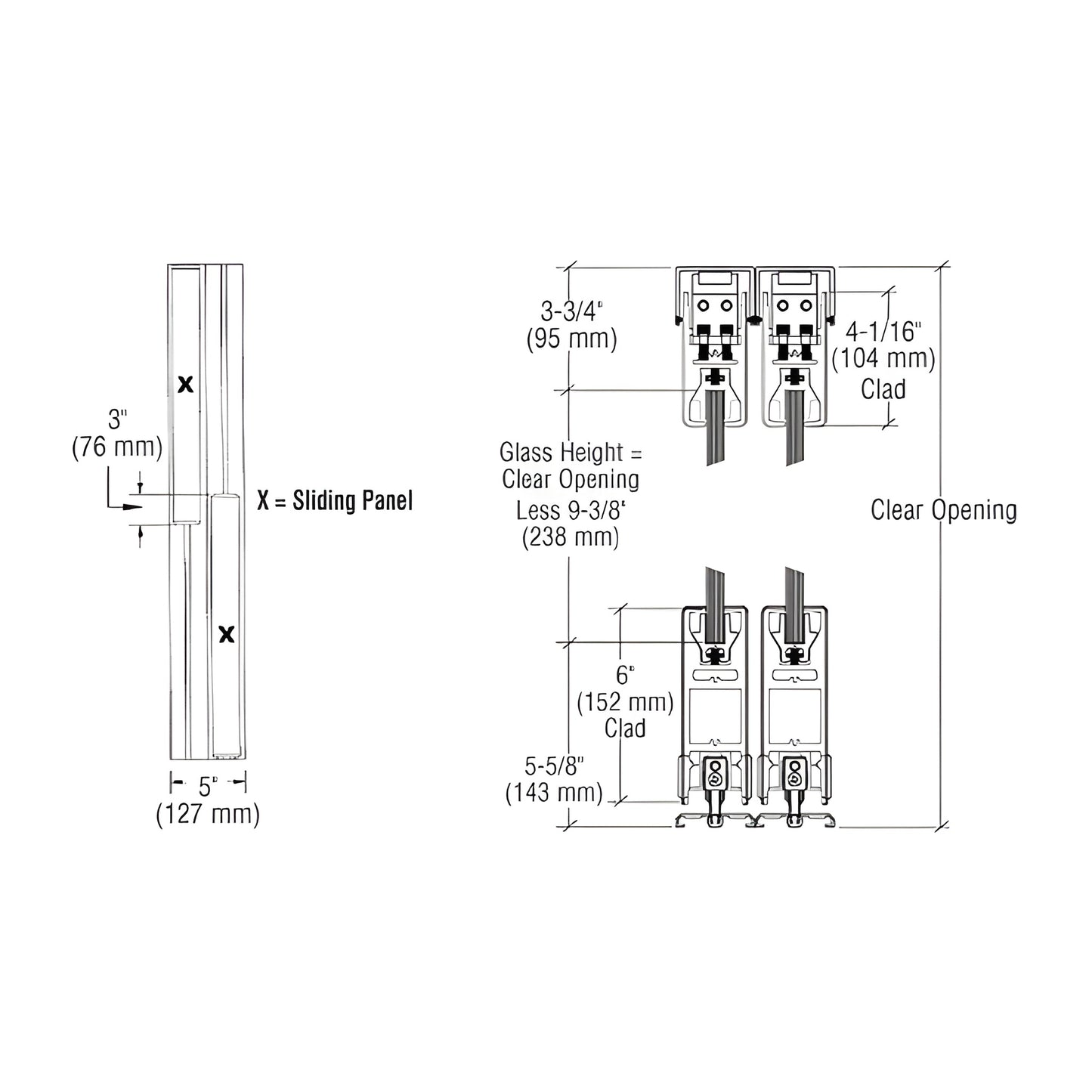 CRL SDR bottom-rolling sliding door system (SKU 6SDR2BSA), satin anodized, 4" top / 6" bottom rails, single sliding glass pan