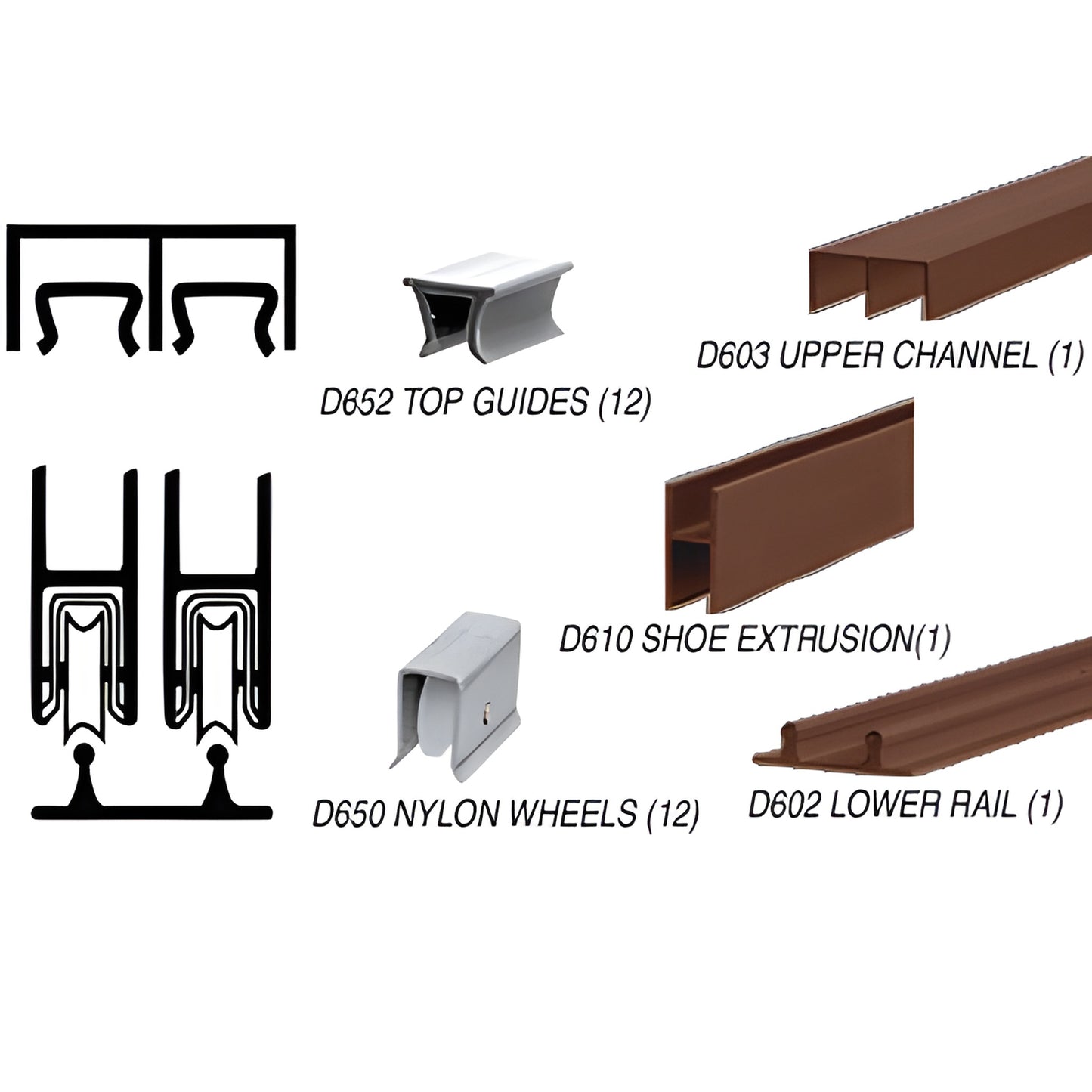 D2203DU low-profile rolling track kit for 1/4" tempered glass - bronze aluminum rails, nylon wheels and top guides