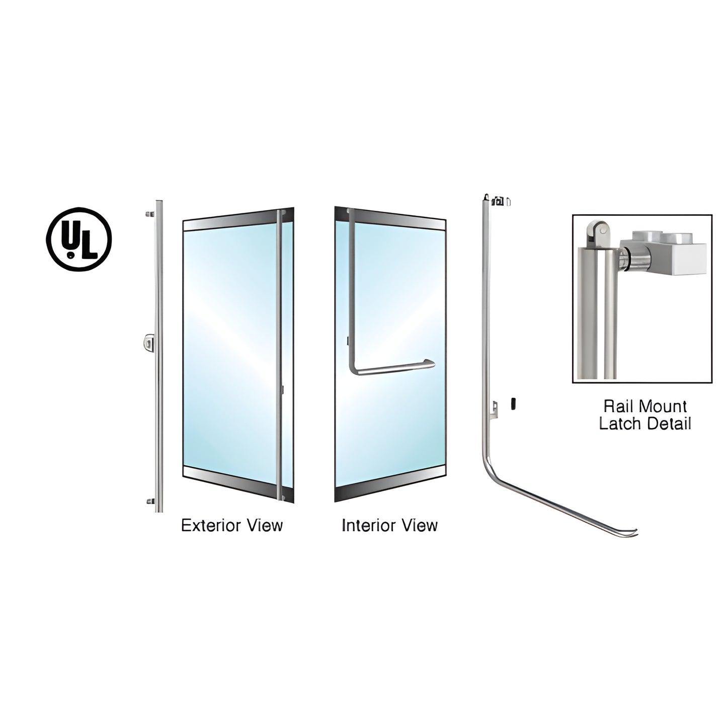 PA100F4LKBS brushed stainless tubular panic handle, low-profile rail mount for tempered glass doors, ADA-compliant