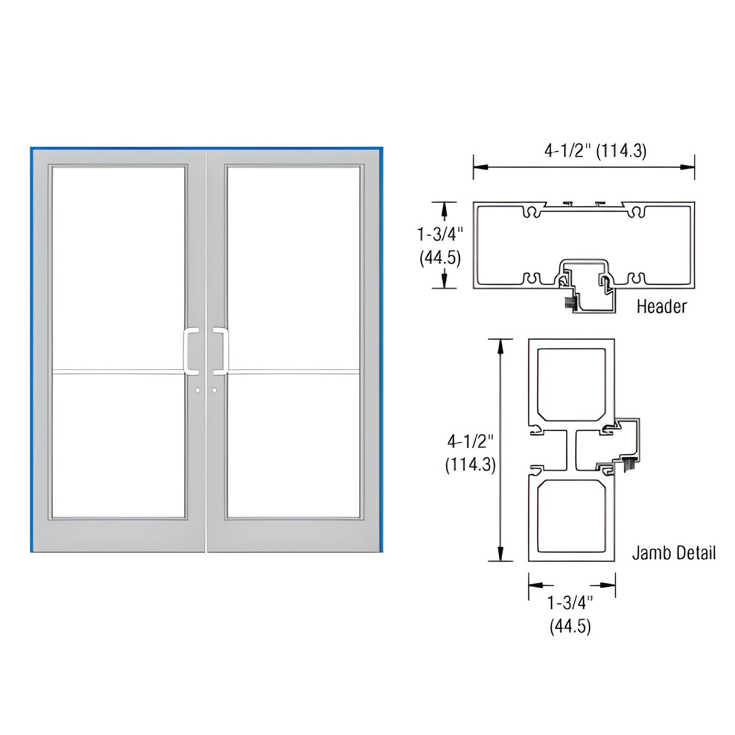 FD12811 clear anodized aluminum up-and-over double door frame with threshold, 72 84 opening shown with header and jamb profil