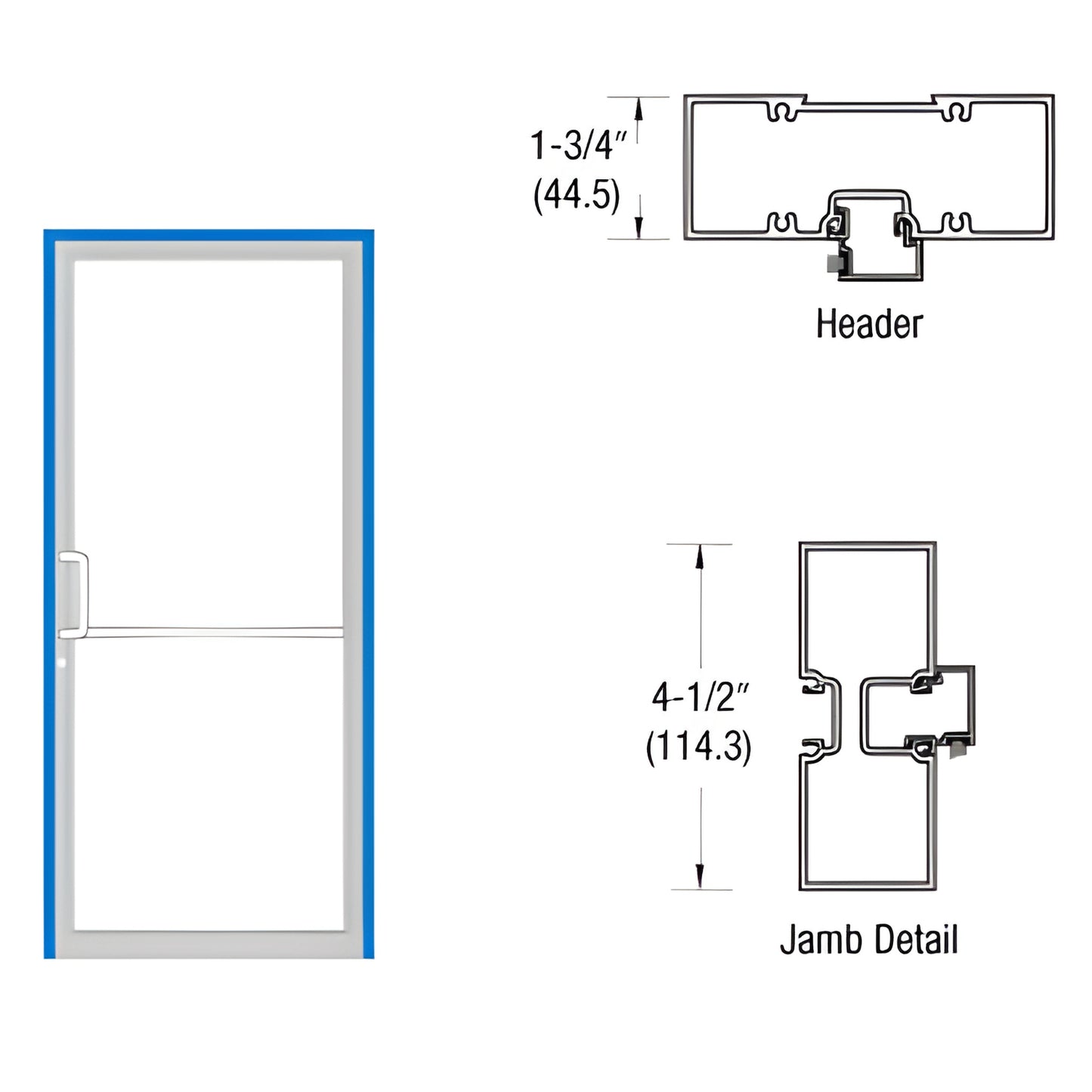 FR41571 aluminum butt-hinge up-and-over frame with Custom Kynar finish, threshold and tubular jamb/header details.