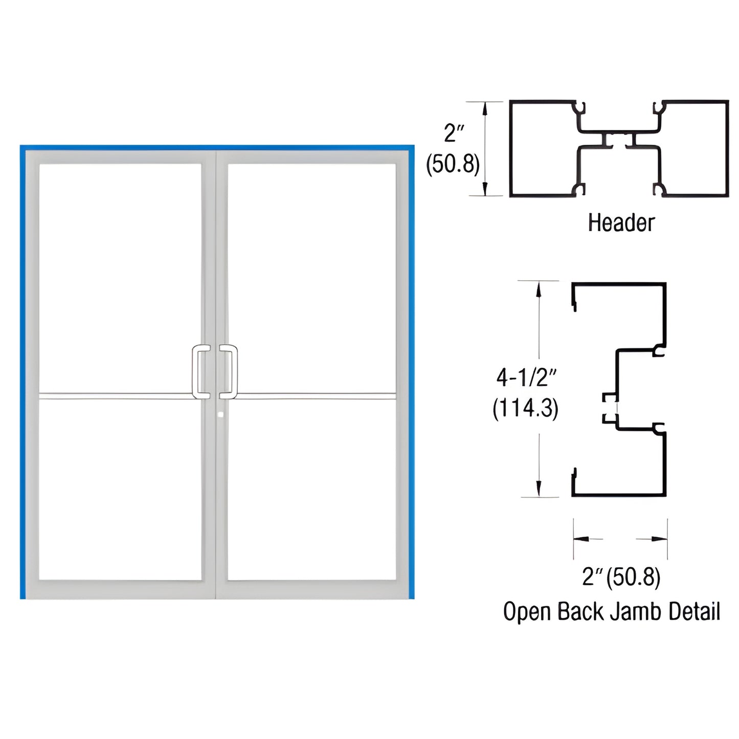Aluminum double-door frame with threshold, Custom Kynar finish, open-back 2" x 4-1/2" jambs for surface-mount closer.