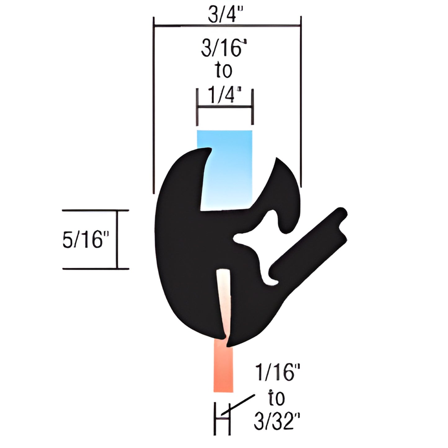 AS1615 black EPDM one-piece self-sealing weatherstrip profile, 3/4" wide, fits 3/16-1/4" glass, 50 ft roll.