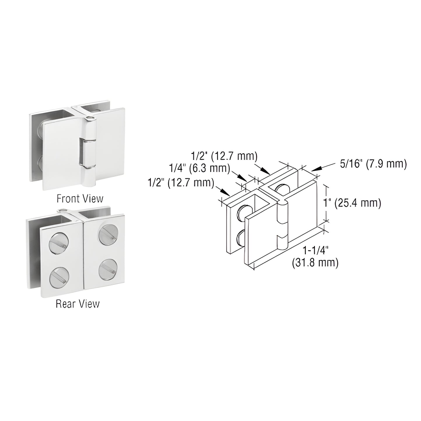 EH188 polished chrome glass-to-glass outswing hinge, brass, fits 5-6mm glass, 1 in high, no-drill, 2-pack.