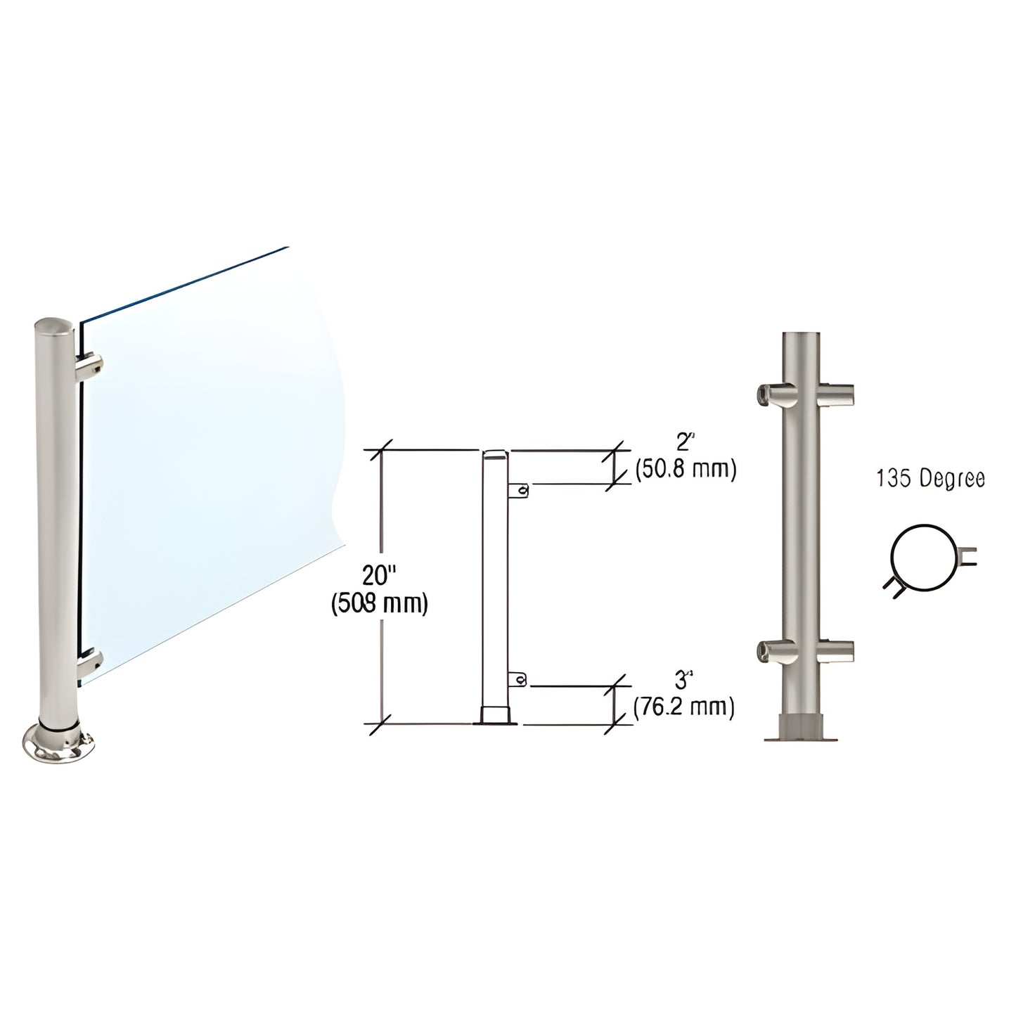 PP57ABS Slimline 135 corner partition post, brushed stainless steel, 20" high, round tube fits 3/8" (10mm) glass