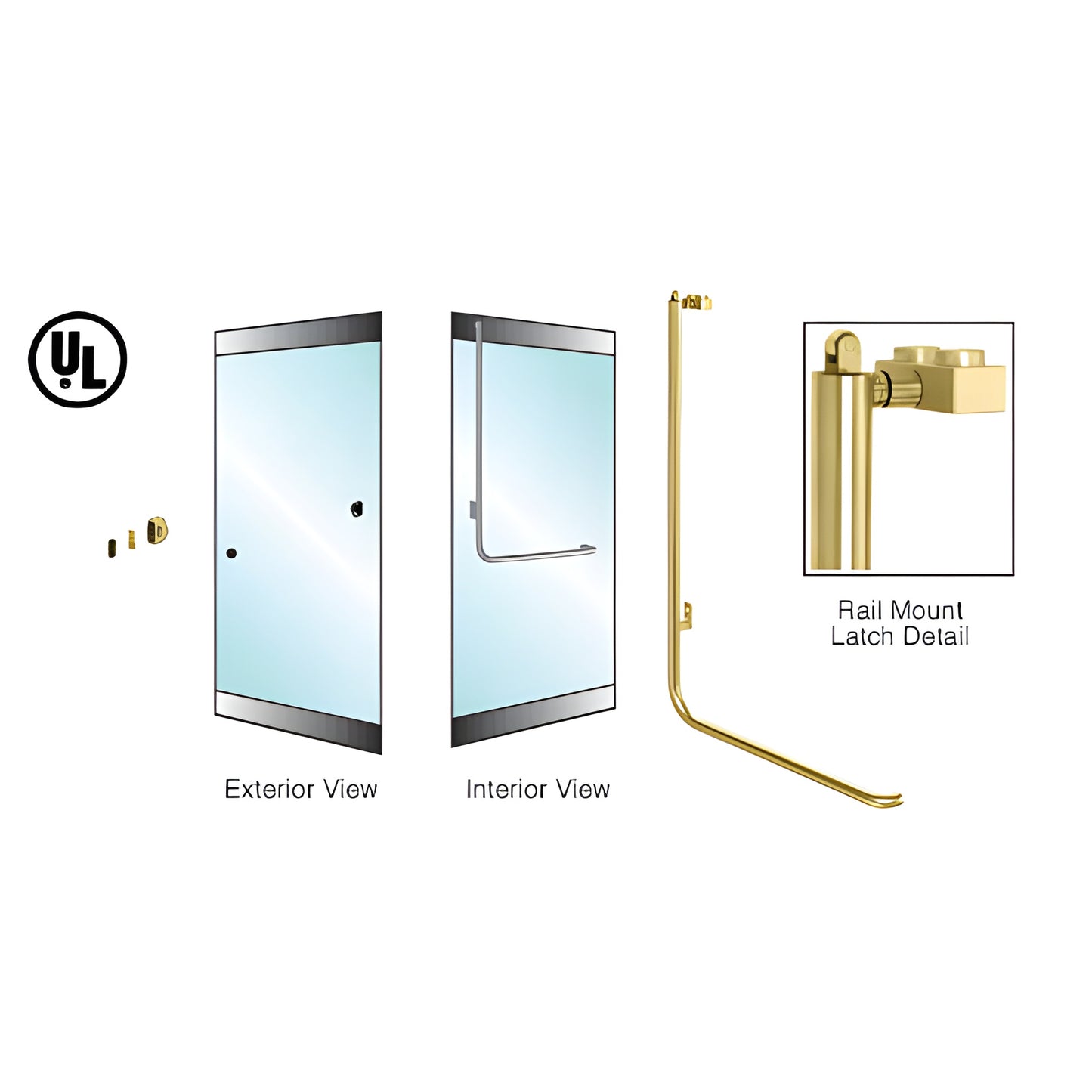 Satin brass DRS rail-mount panic handle for 1/2" glass doors, 1-1/4" tube, left-hand reverse, exterior cylinder access.
