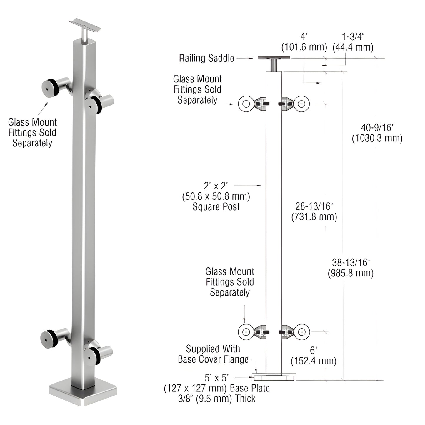 P142CPSC stainless steel 2" 2" surface-mounted post railing kit, 42" high with 5" 5" base plate; glass fittings sold separate