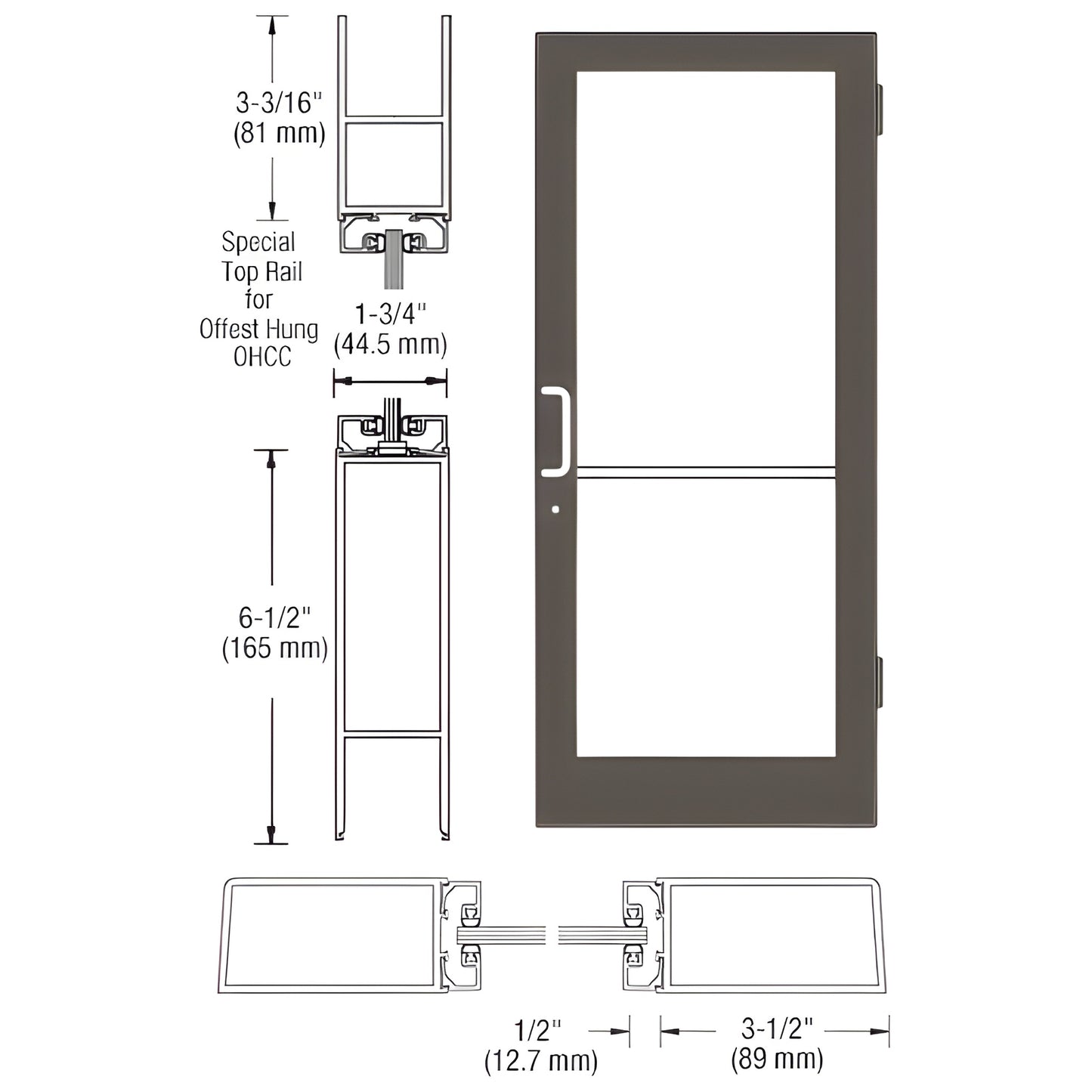 CRL DC41422 medium stile entrance door, black bronze anodized, 3-1/2" stiles, 6-1/2" bottom rail, glass panel, push/pull hard