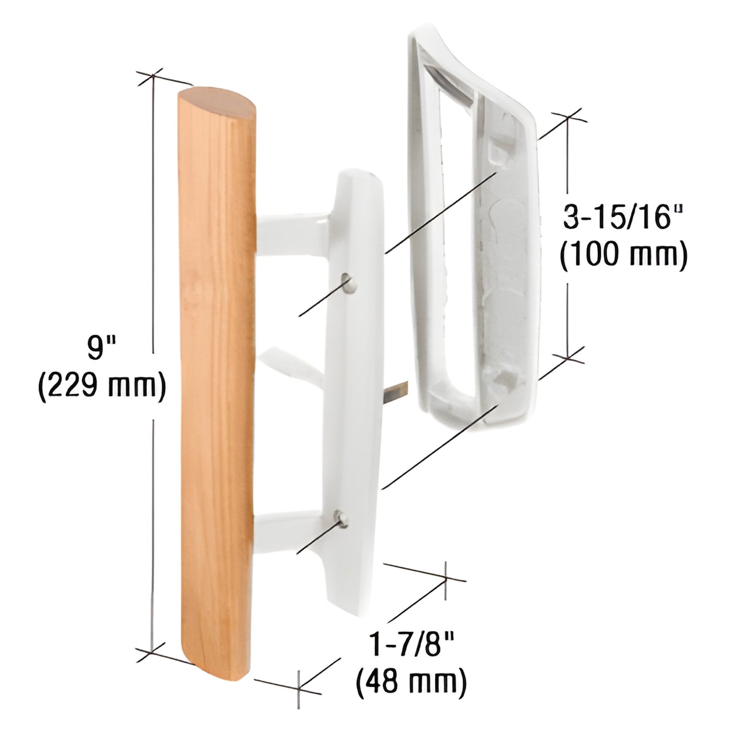 Mortise door handle set SKU C1204 - 9" wood pull with white/aluminum mortise housing and thumbturn, mounting dimensions shown