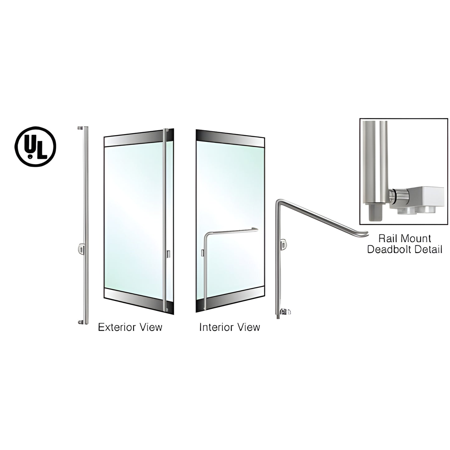 Brushed stainless steel 1-1/4" rail-mount deadbolt handle for glass doors, exterior/interior views, UL listed - SKU DB110F4RK