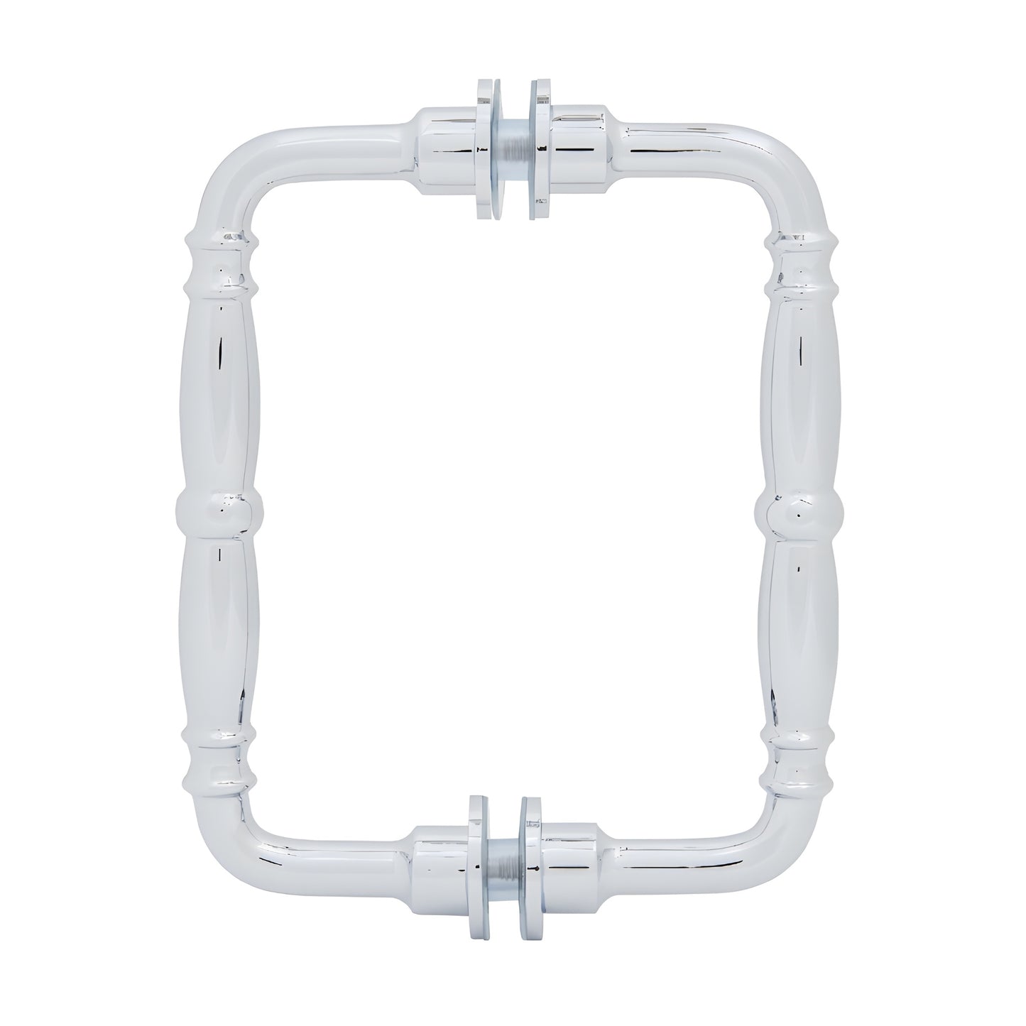 Polished chrome Victorian-style solid brass rectangular shower door pull, back-to-back glass mount with protective washers.