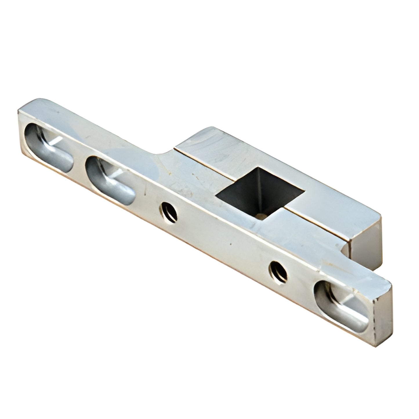 Chrome slender door rail pivot insert (SKU 1NT804) with 9/16" square spindle opening and mounting slots for overhead closers.