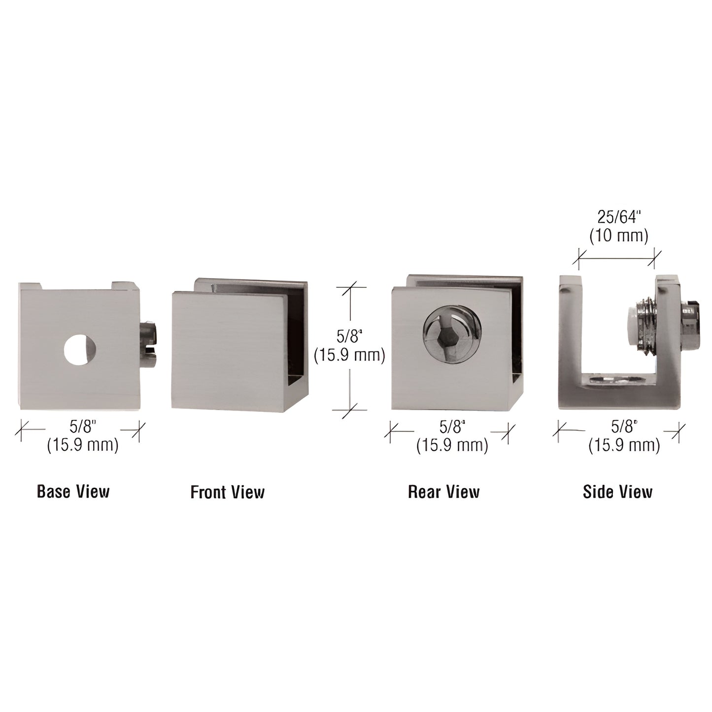 EH27 brushed-nickel brass set-screw glass clamp, 5/8 in cube, fits 6-8 mm (1/4-5/16 in) glass, multiple views.