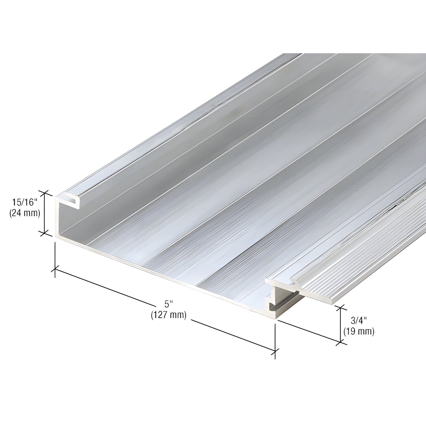 Aluminum mill-finish split-mullion extrusion profile, 5 in wide with 15/16 in and 3/4 in faces - SKU CW25099.