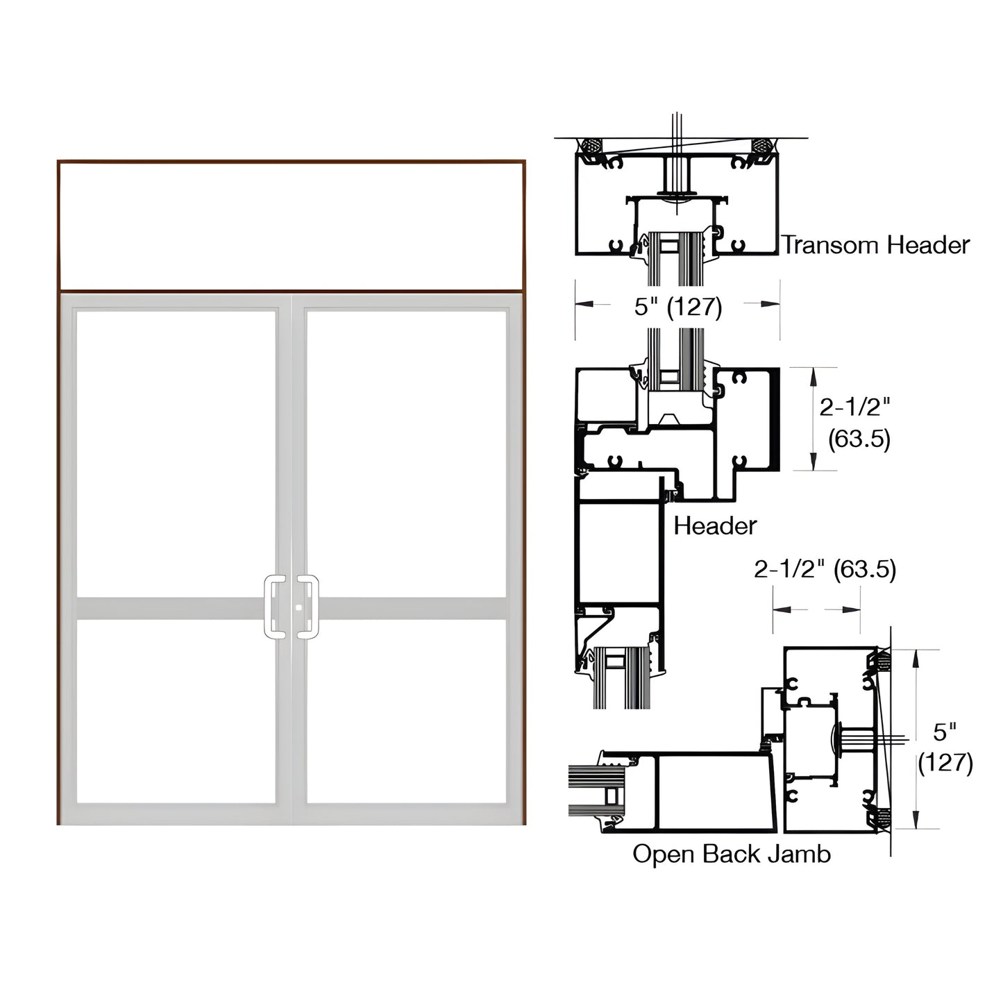 Custom double transom impact door frame, clear anodized, 2-1/2 x 5 in transom, SKU 0P92511.