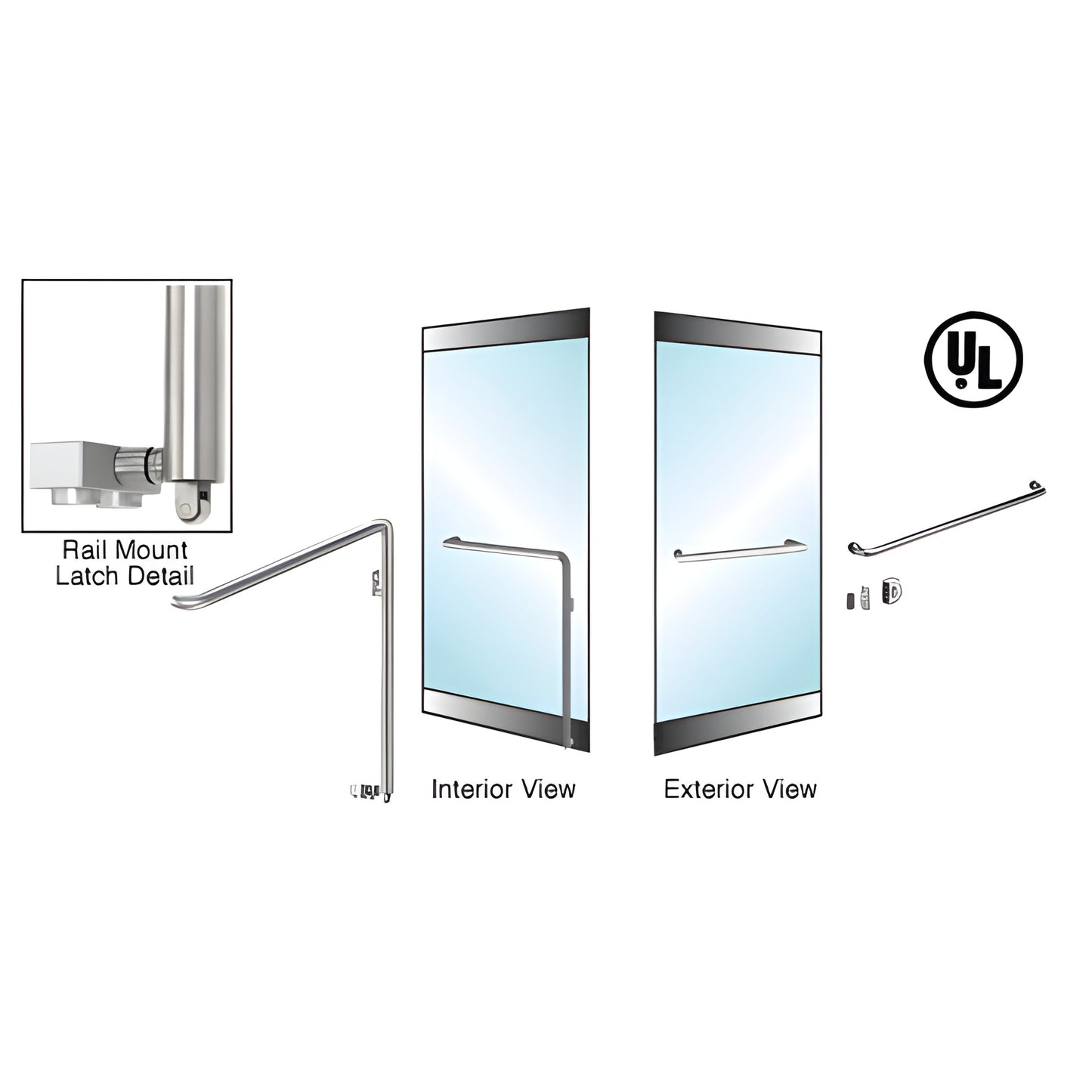 CRL panic handle (SKU 3P110A3RKBS) brushed stainless steel rail-mount 1-1/4 in. tube for 3/4 in. glass commercial doors.