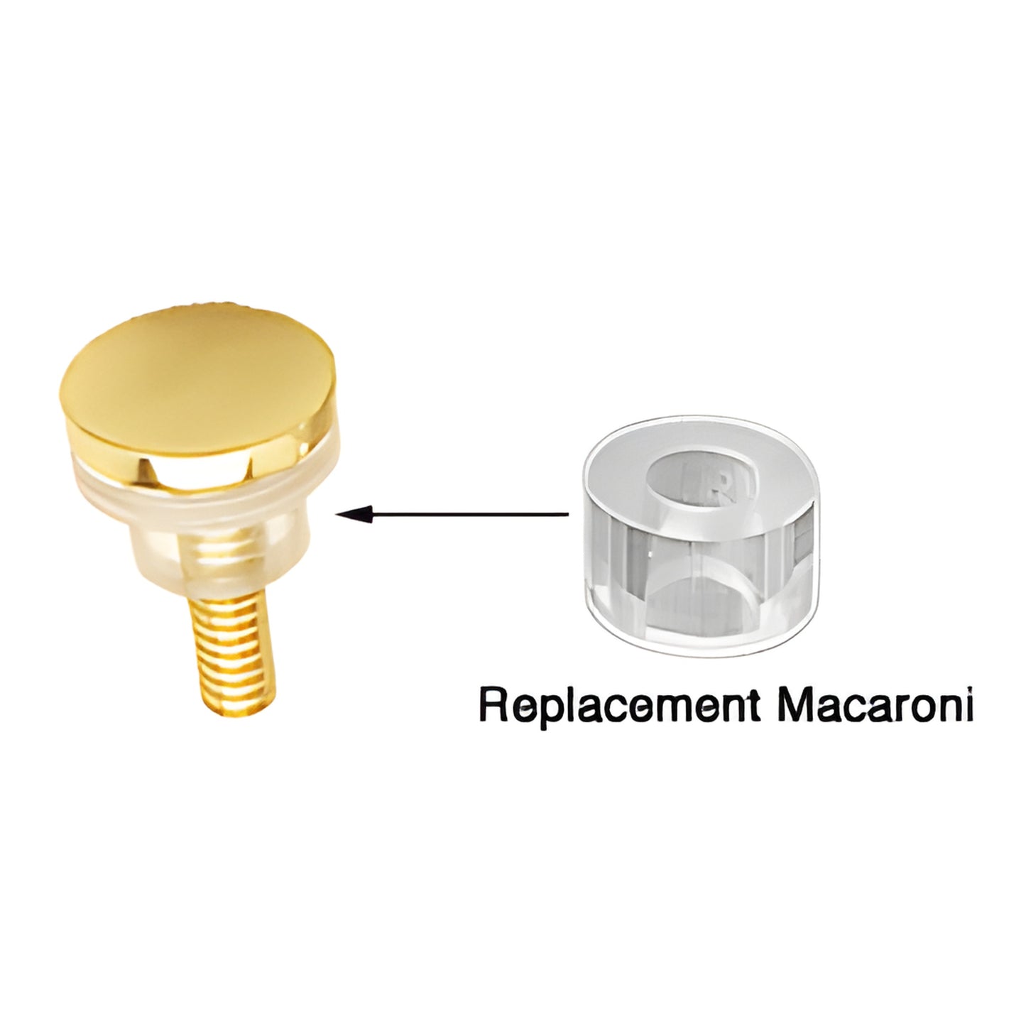 Clear acrylic 1/2" replacement macaroni next to gold standoff cap - SKU HW059