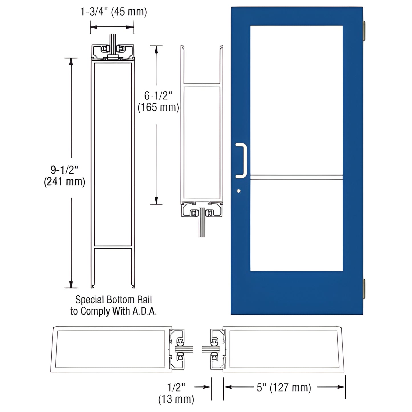 DE51471: blue commercial wide stile entrance door with large glazed panel, 5 in stiles and 9.5 in ADA bottom rail