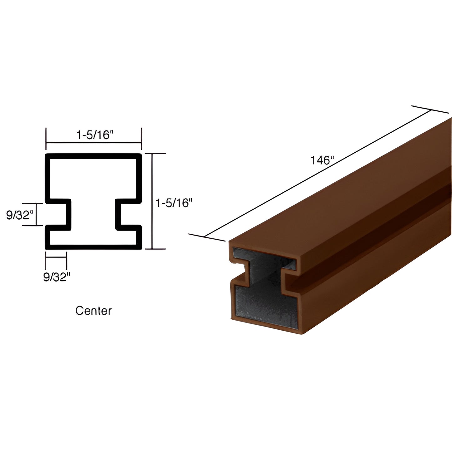 Dark bronze anodized Sculptured Series aluminum center post, 1-5/16" square extrusion with 9/32" pockets, 146" length.