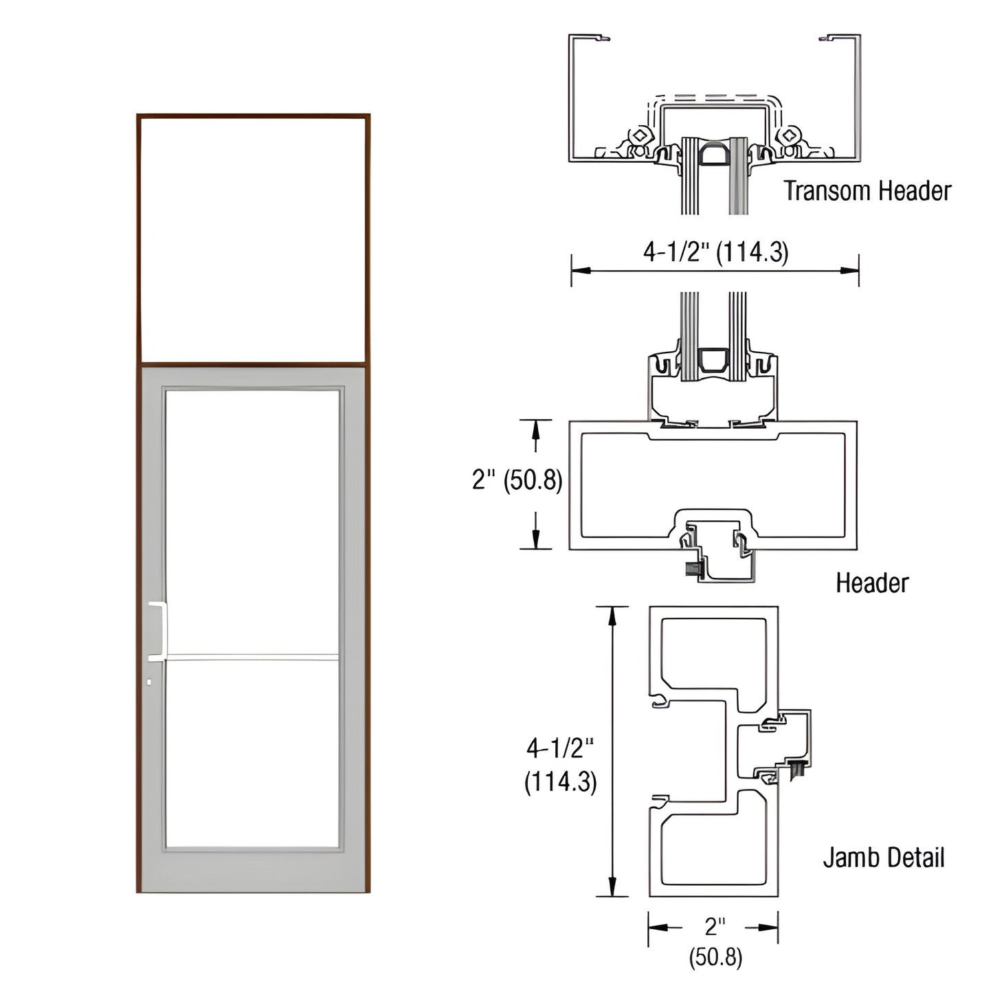 Black bronze anodized aluminum frame with transom (36 84 opening), 4-1/2" x 2" jamb/header profile, SKU FD61822
