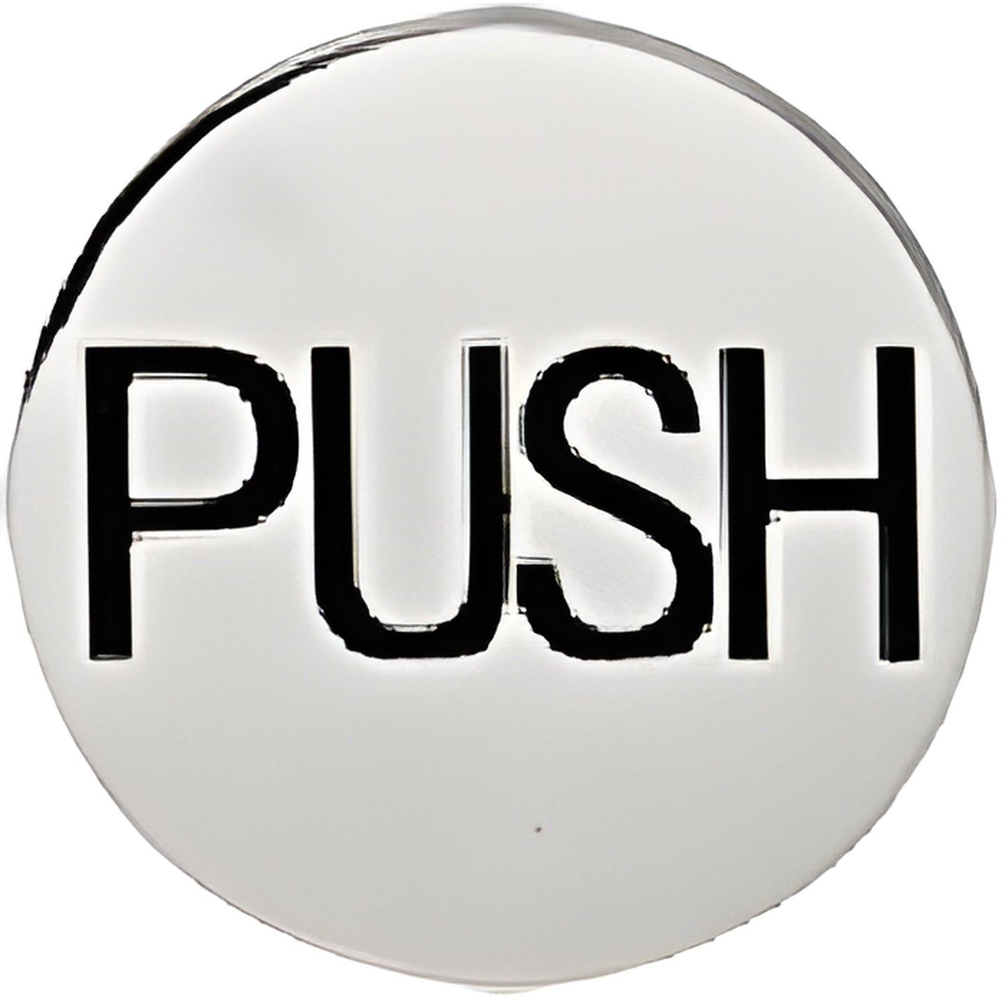 2" round polished stainless steel push indicator, deep-etched "PUSH" letters (SKU 2EPPSPU)