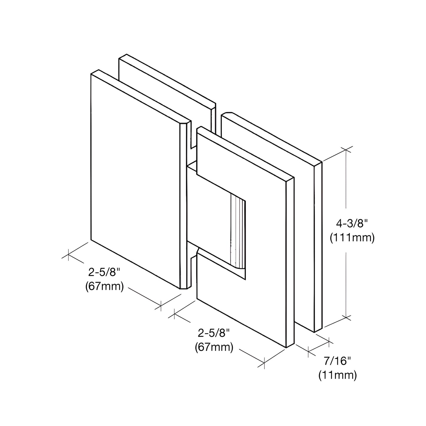 VCT180CH polished chrome brass 180 glass-to-glass shower hinge, square edge, fits 10-12mm glass, supports up to 140 lb