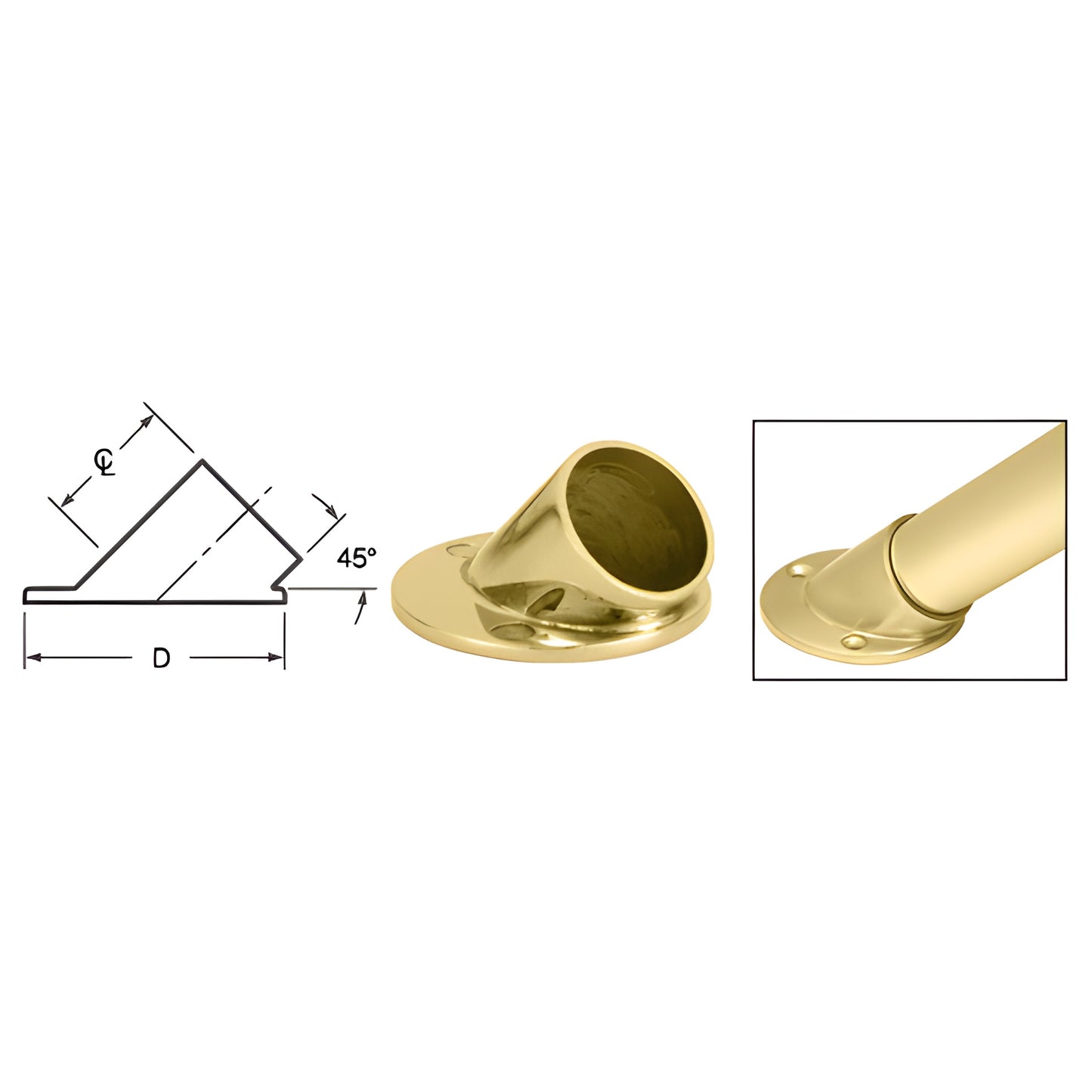 Polished brass 45 angle flange for partition posts and sneeze guards, 2-7/16" centerline - SKU HR20AFPB