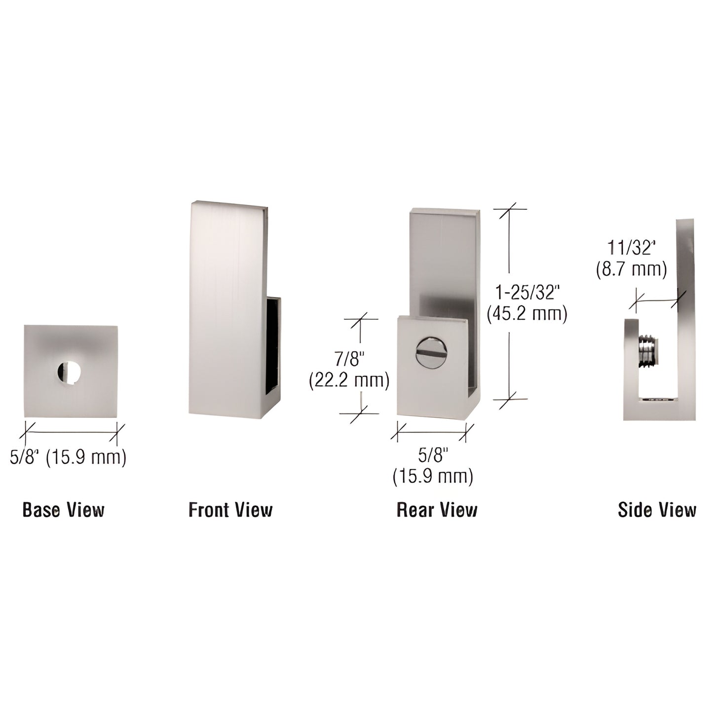 EH43 brushed-nickel brass J-style set-screw glass clamp for 6-8mm (1/4-5/16) glass, shown in front/rear/side/base views.