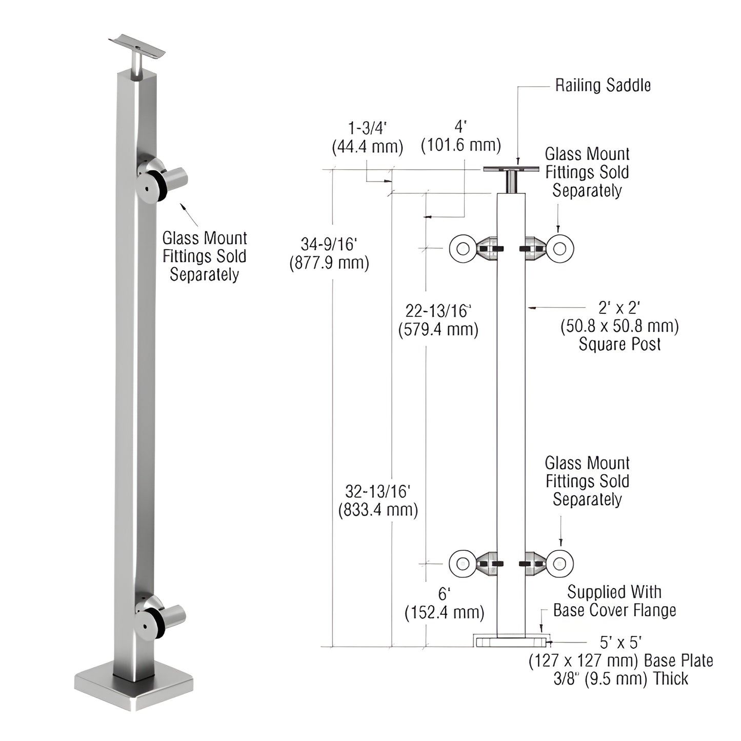Stainless steel 2-inch square surface-mounted post with 5x5 in base plate and top saddle for handrail; glass fittings sold se