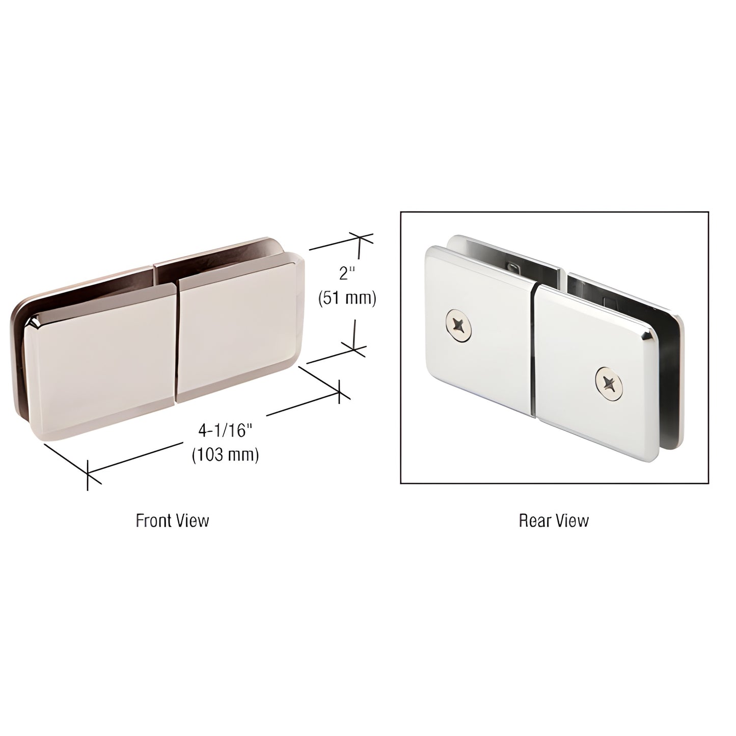 BGC188PN polished nickel beveled 180 glass-to-glass movable transom clamp, solid brass, 4-1/16" x 2" for 3/8-1/2" glass