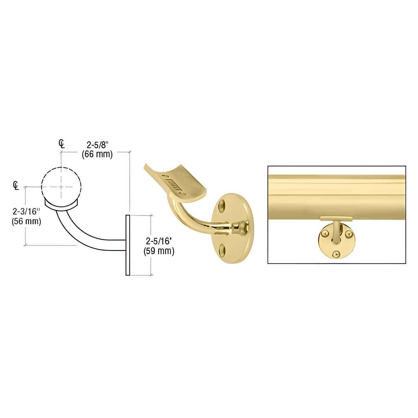 Del Mar wall-mounted long-arm handrail bracket HR15B3PB, polished brass, fits 1-1/2"-2" tubing, 2-5/8" projection
