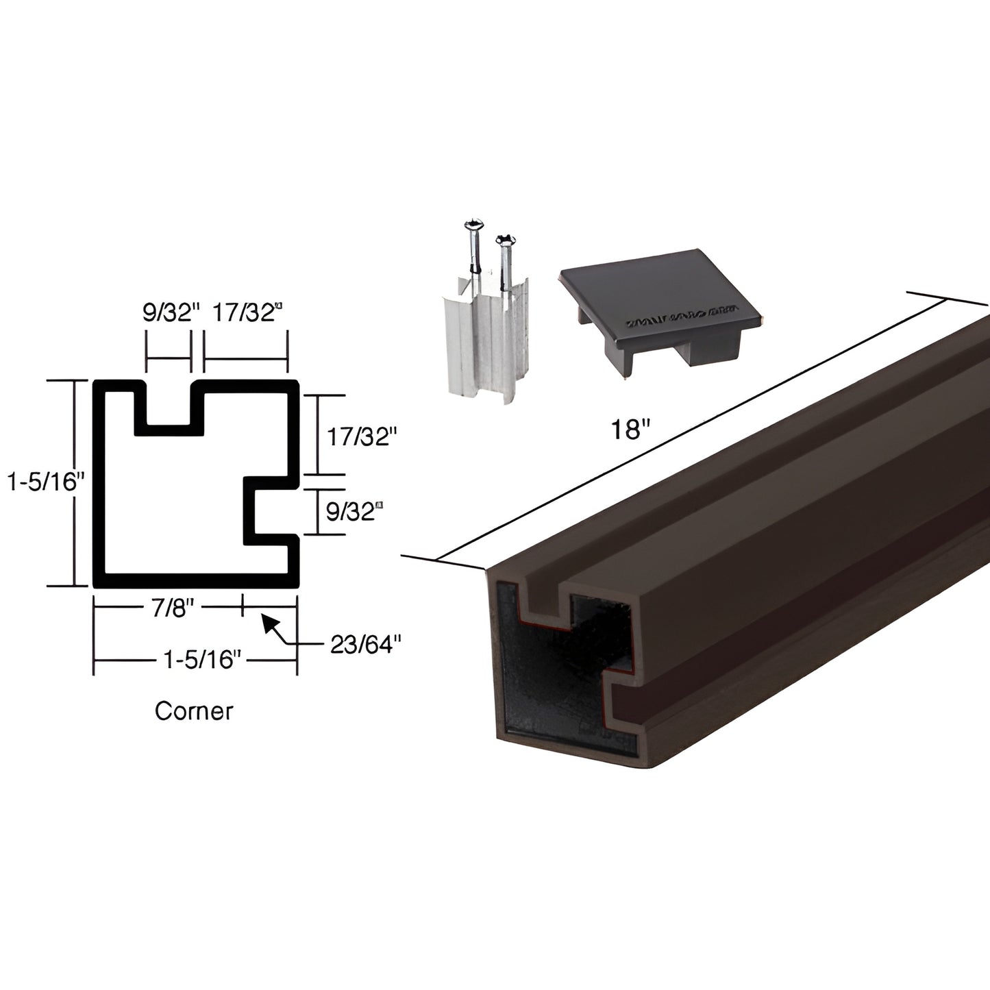 Dark bronze anodized 18" aluminum 90 corner partition post kit (SKU 6407318) with cap, base, screws, profile.