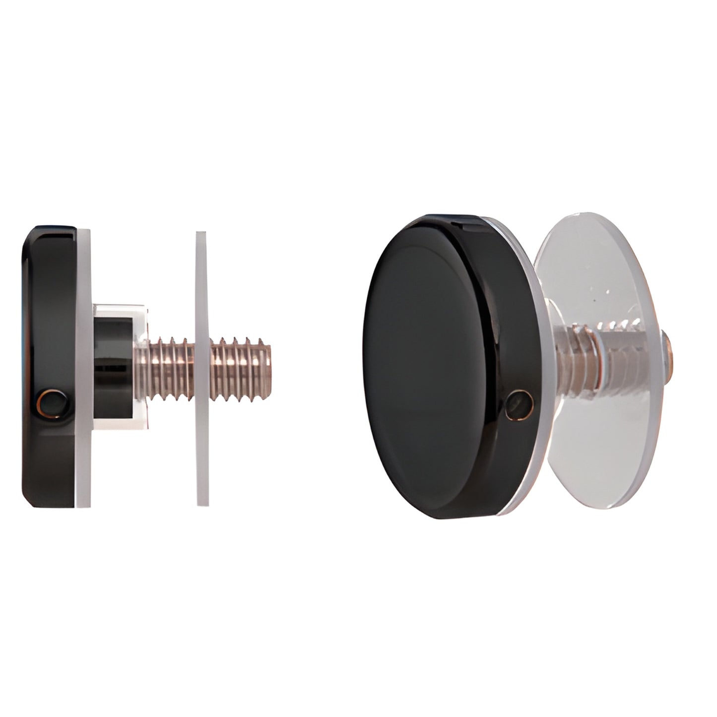 CAP114MBL matte black 1-1/4" stainless steel standoff cap assembly, front and side views.