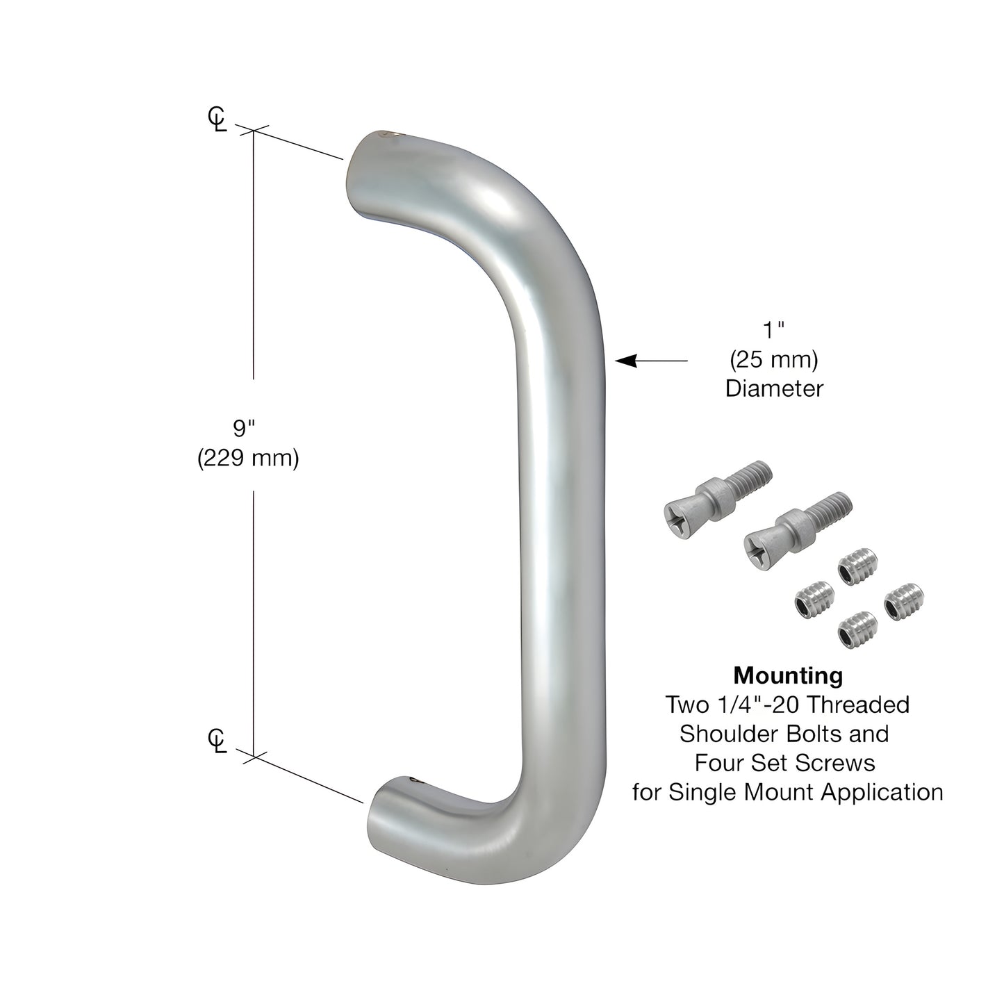 Clear-anodized extruded aluminum Astral II 1" diameter straight pull handle, 9" long, with mounting ends