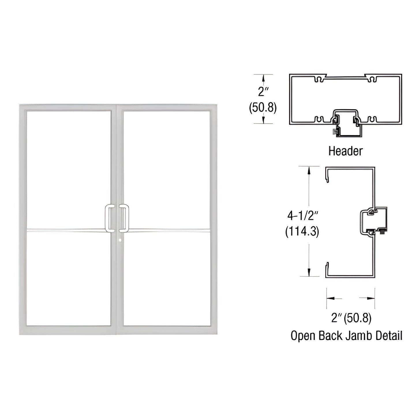 White Kynar double aluminum door frame (2" x 4-1/2") for gear-hinge up-and-over, open-back jamb with threshold.