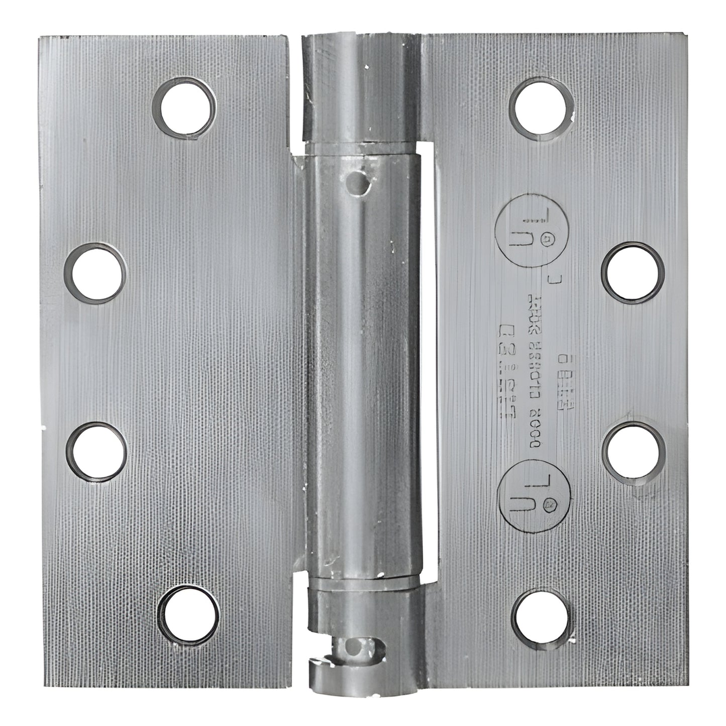 Dull chrome heavy-duty 4-1/2 inch square-corner spring hinge with six screw holes SKU S4526D
